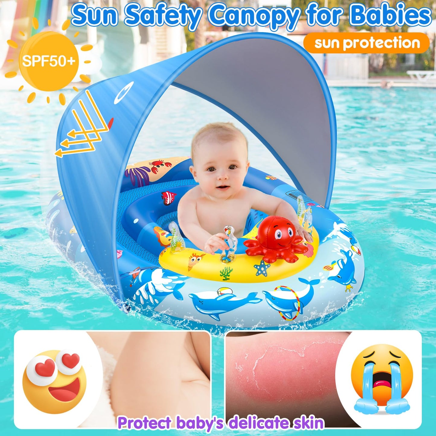 EZIGO Baby Pool Float with Canopy UPF50+ Sun Protection, Inflatable Kids Pool Float with Ocean Animal Toys for Babies 6-36 Months, Infant Swimming Float with Adjustable Safety Seat for Boys Girls