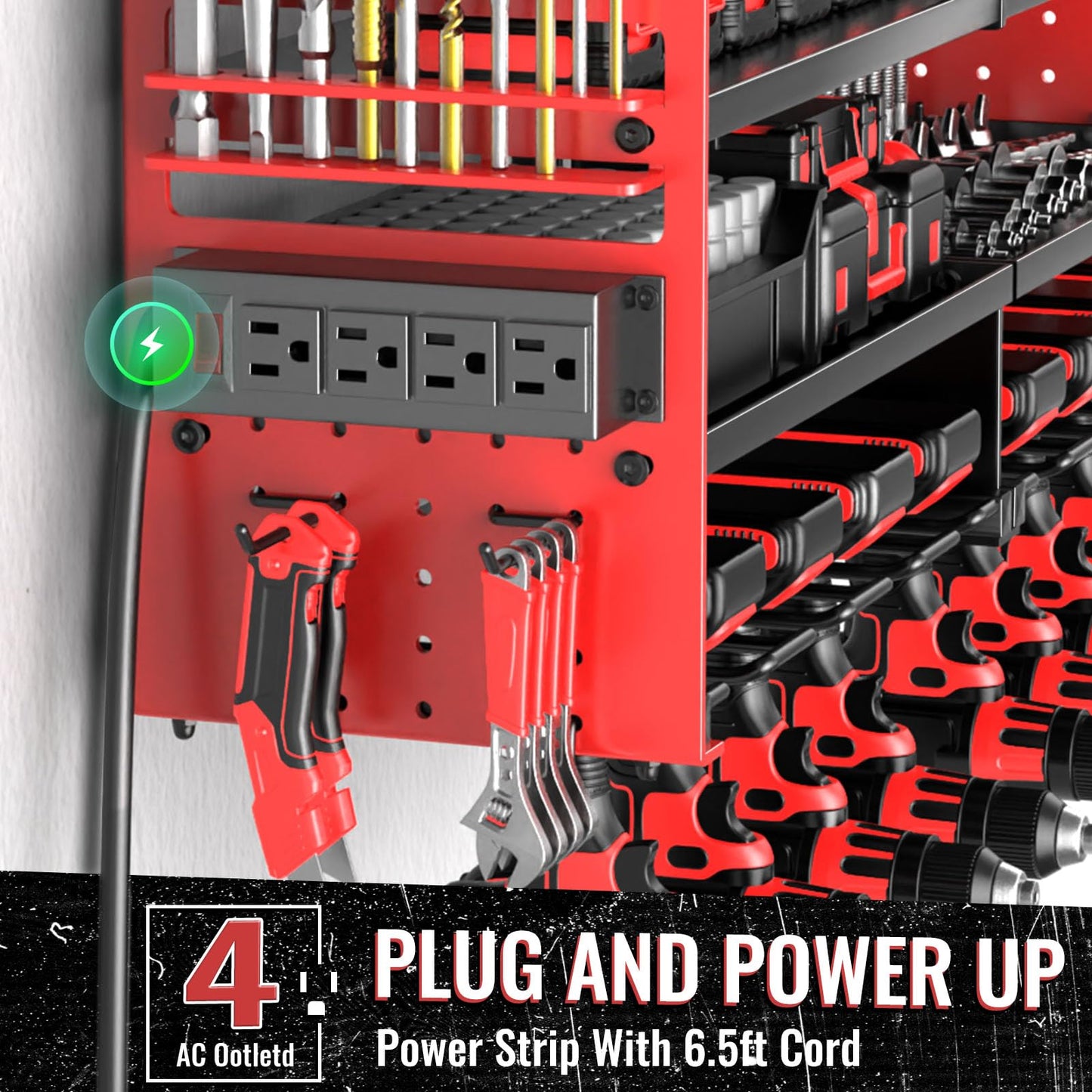 VeyFolzin.st Large Power Tool Organizer Wall Mount with Charging Station, 4 Layer Heavy Duty Metal Cordless Tool Organizer, Tool Storage Rack with 8 Cordless Drill Holder Screwdriver Hammer(Red)