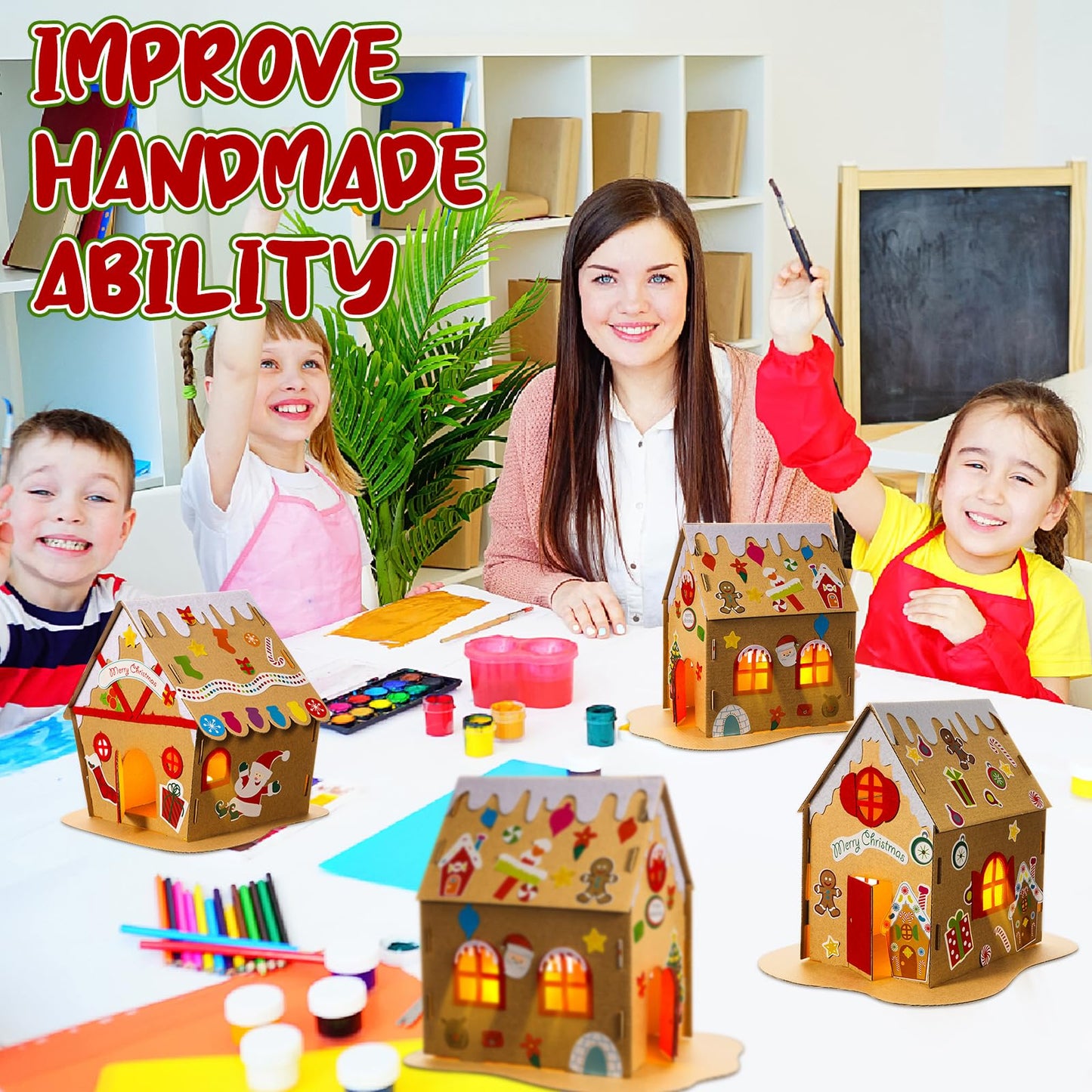 Hiboom 15 Pack Christmas Craft Kit Large Christmas Gingerbread House Kit with Flameless Candle Xmas Craft House Make a Gingerbread House Craft 3D Xmas Craft for Holiday Party Game Craft Decor Supplies