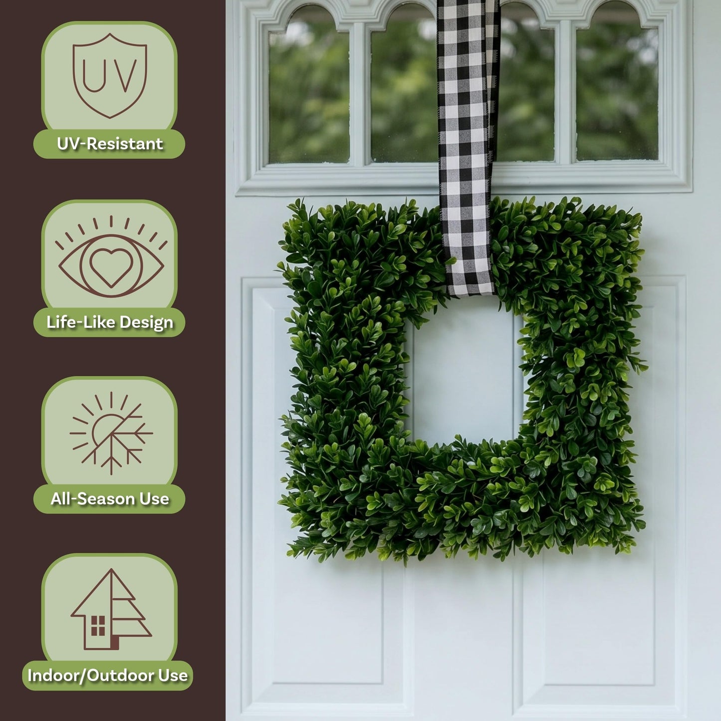 Pure Garden Set of 2 Wreaths - 16.5-Inch Square Artificial Boxwood Spring, Summer, Winter, or Fall Wreaths - Outdoor/Indoor Decor for Front Door