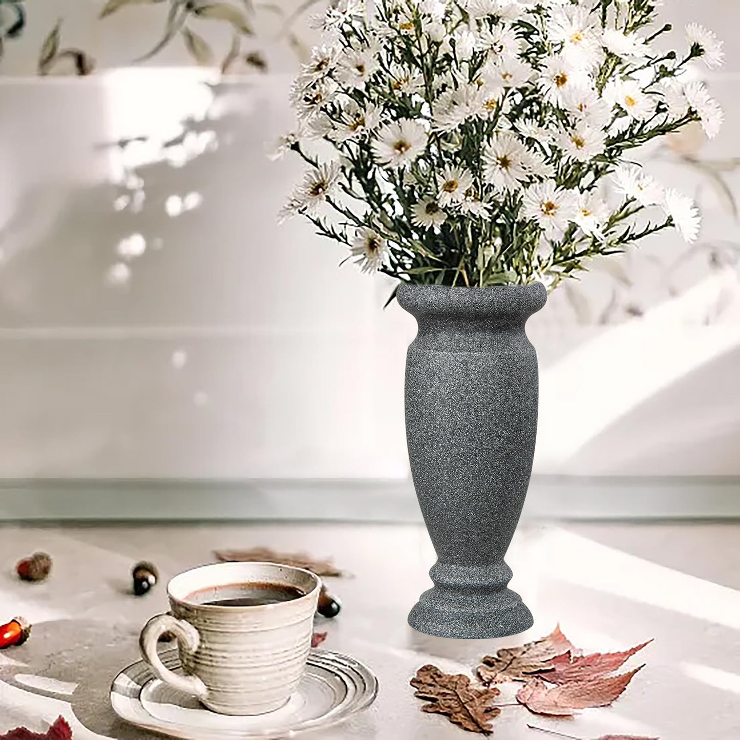 Cemetery Vase, Resin Grave Vase Memorial Flowers Vases for Home Tabletop, Artificial or Fresh Flowers, Cemetery Grave Headstone Decorations (2Pcs, Grey), No Draining Holes