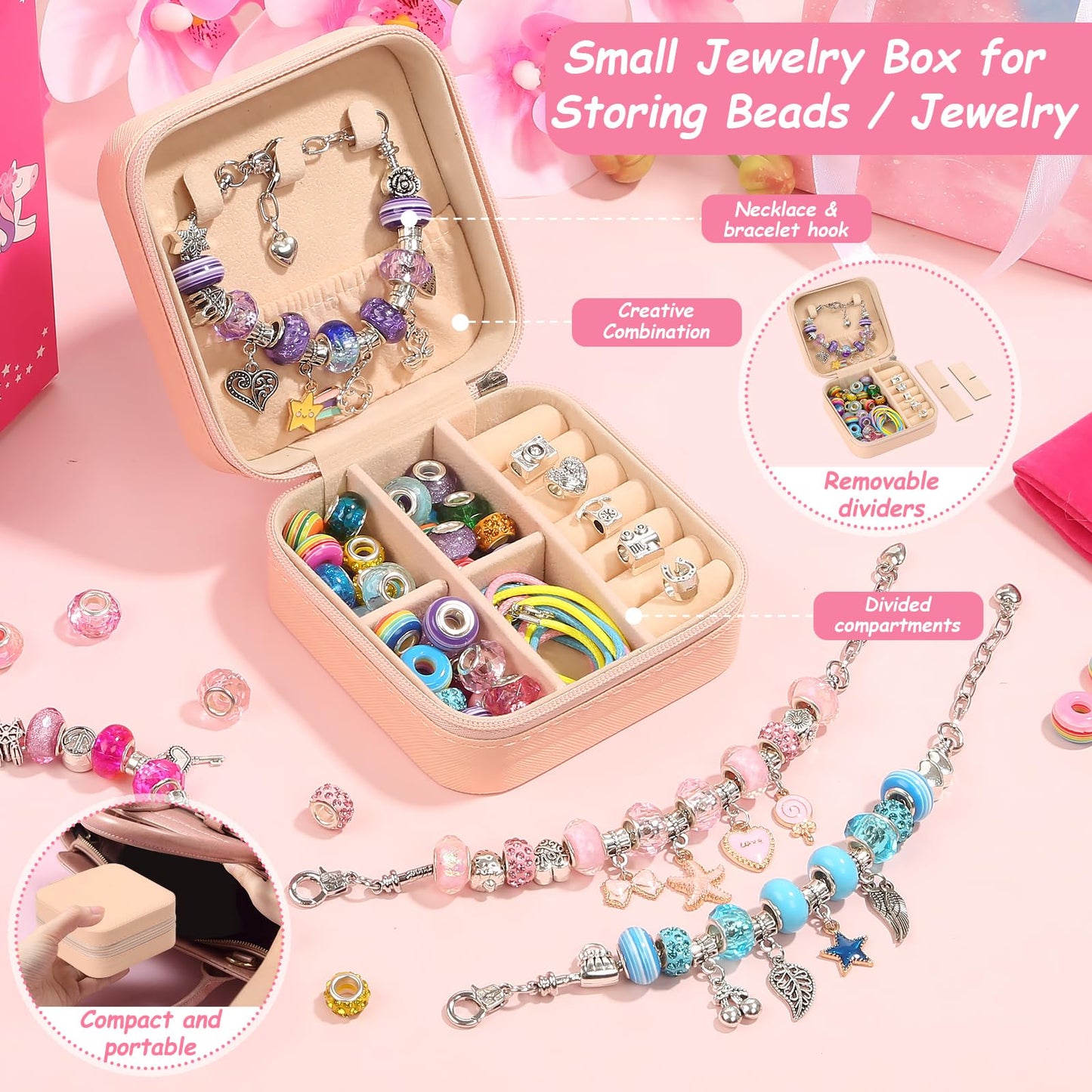 Charm Bracelet Making Kit, 140 PCS DIY Craft Bead Sets Jewelry Making Kit, Portable Bracelet Organizer Gift Box for Birthday Christmas Stocking Gift