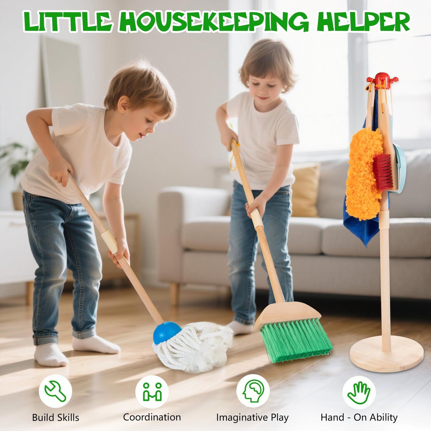 WOODMAM Wooden Kids Cleaning Set with Spray Mop, Montessori Cleaning Toys Real Water Sprayer and Toddler Broom Mop Set, Housework Pretend Play Toy Gift for Boys Girls Ages 3+