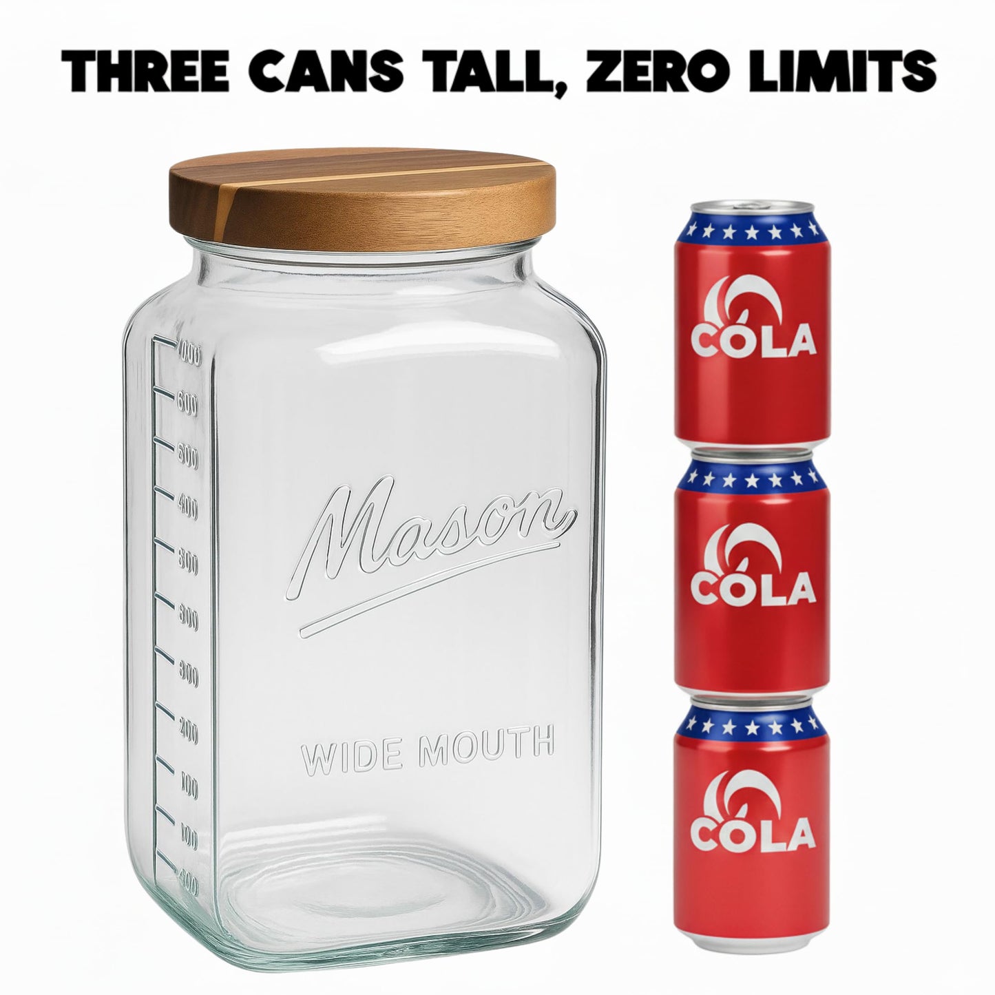 kitchentoolz 2 Gallon Glass Mason Jar with Airtight Wooden Lid – Wide Mouth Square Storage Container with Measurement Marks – Ideal for Pantry Organization, Dry Goods & Food Prep