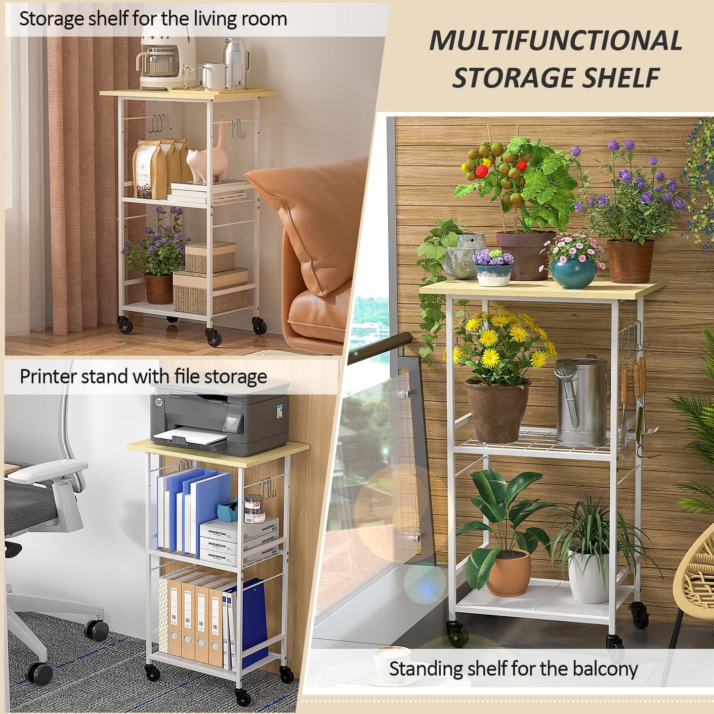 ThreeHio Rolling Kitchen Microwave Cart, 3 Tier Microwave Table Stand with Adjustable Shelf, Kitchen Storage Rack on Wheels, Coffee Station Cart Rack Shelf Organizer for Living Room Office, Balcony