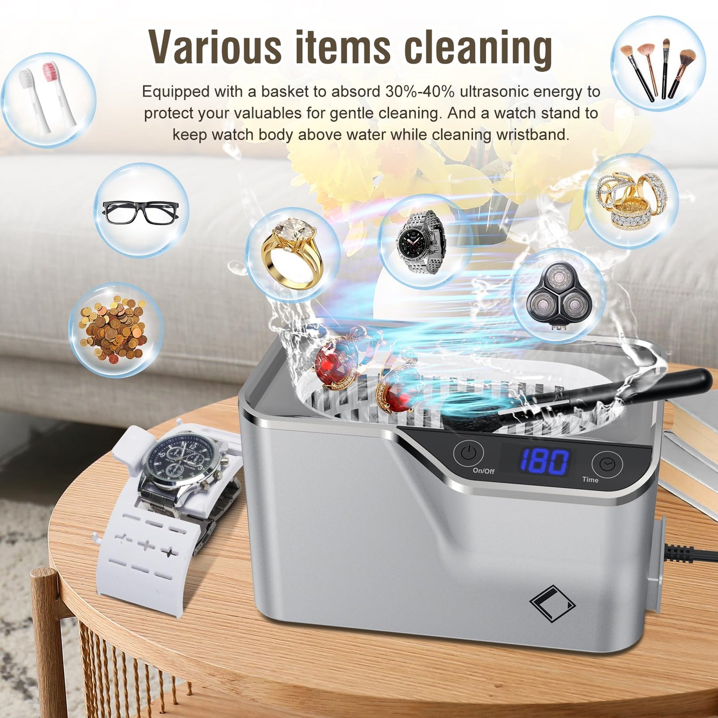 LifeBasis Jewelry Cleaner, Professional Ultrasonic Cleaning Machine 20 Ounces (600ML) Sonic Cleaner with Digital Timer, Watch Holder Glasses Cleaner for Ring, Coin, Watch, Gold Cleaning - Silver