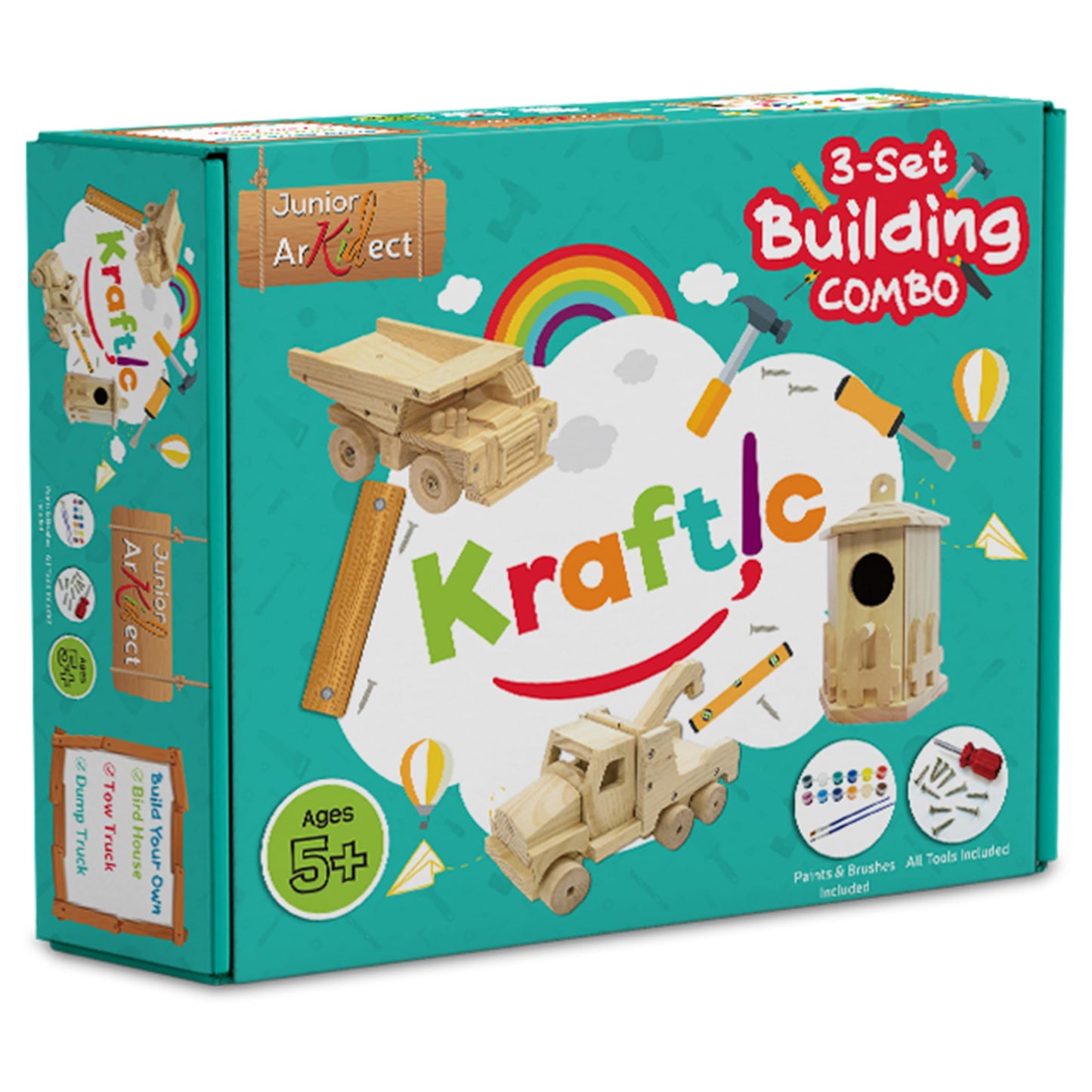 Kraftic Woodworking Building Kit for Kids and Adults, with 3 Educational DIY Carpentry Construction Wood Model Kit Toy Projects for Boys and Girls - Tow Truck, Birdhouse and Dump Truck