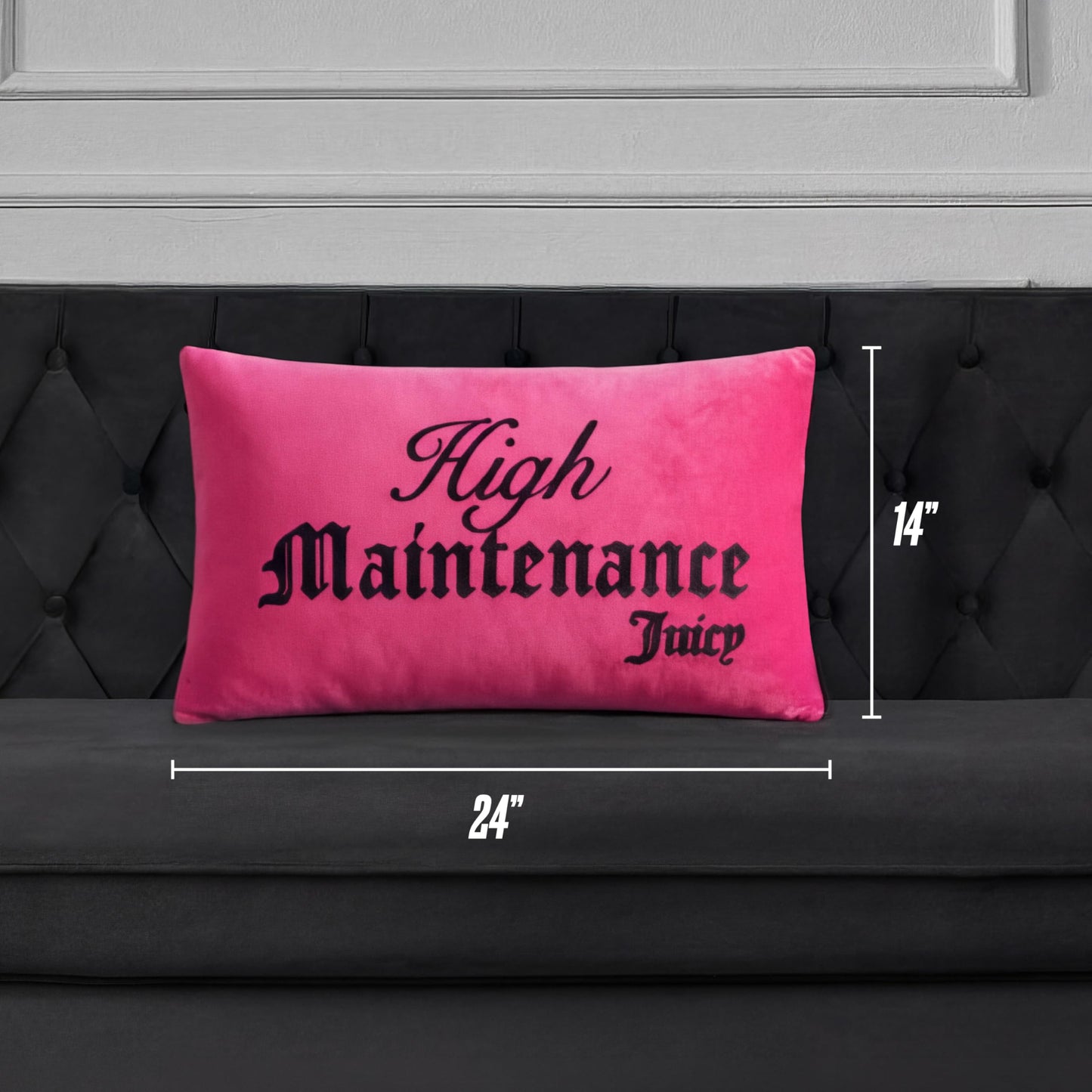 Juicy Couture High Maintenance/Expensive Taste Reversible 14" x 24" Decorative Pillow, Hot Pink/Black