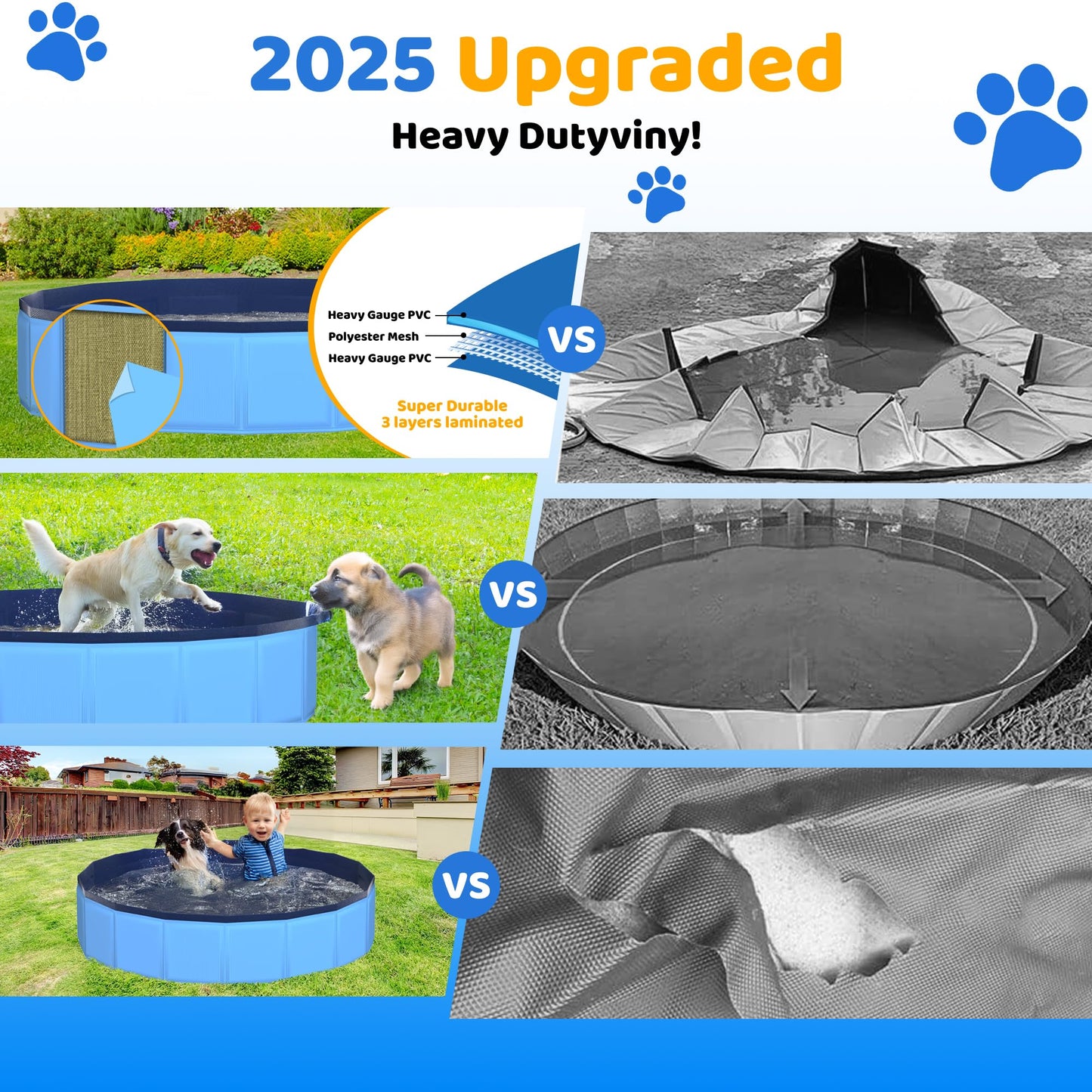 CACSPS 48" x 12" Foldable Dog Pool - Collapsible Hard Plastic Kiddie Pool for Dogs & Kids, Non-Slip Pet Bath Tub for Outdoor Backyard Use, Lightweight & Portable (Blue)