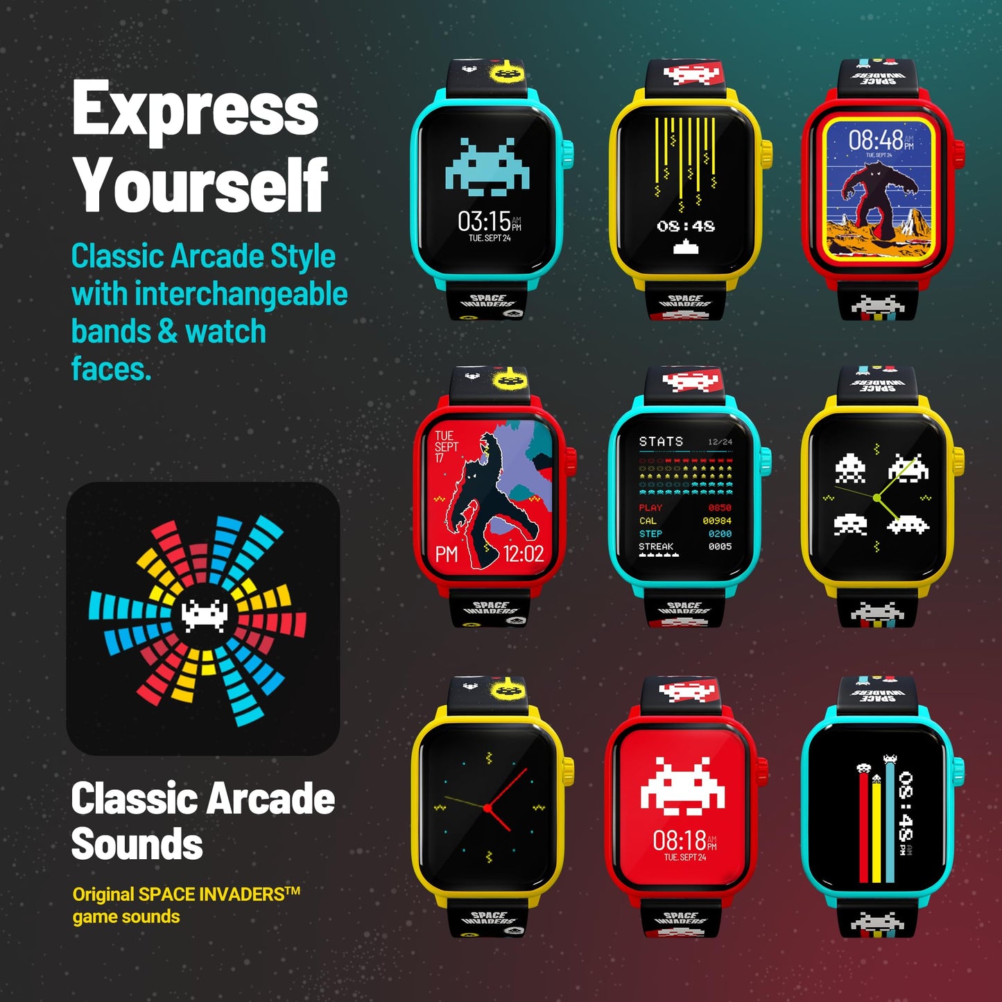 My Play Watch Space Invaders Retro Gaming Smart Watch, Selective Tech, Red Bezel, Non-Connected, Built-in Space Invaders™ Game, Custom Watch Faces, Classic Arcade Sound, IP67 Rating