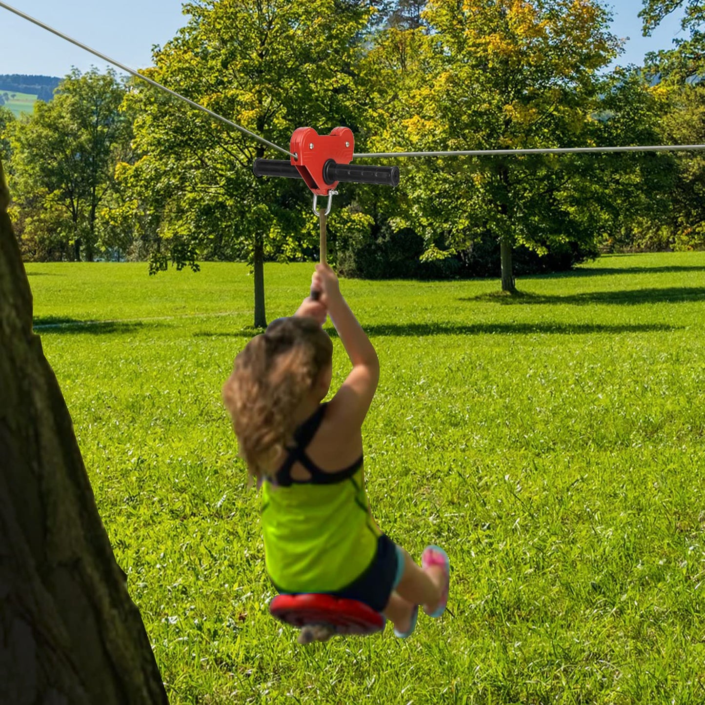 EDOSTORY 98 Feet Backyard Zip Line Kit for Kids and Adult Up Outdoor to 330lb with Stainless Steel Ziplines Spring Brake and Safety Harness, Christmas and Birthday Gifts for Kids(Red)