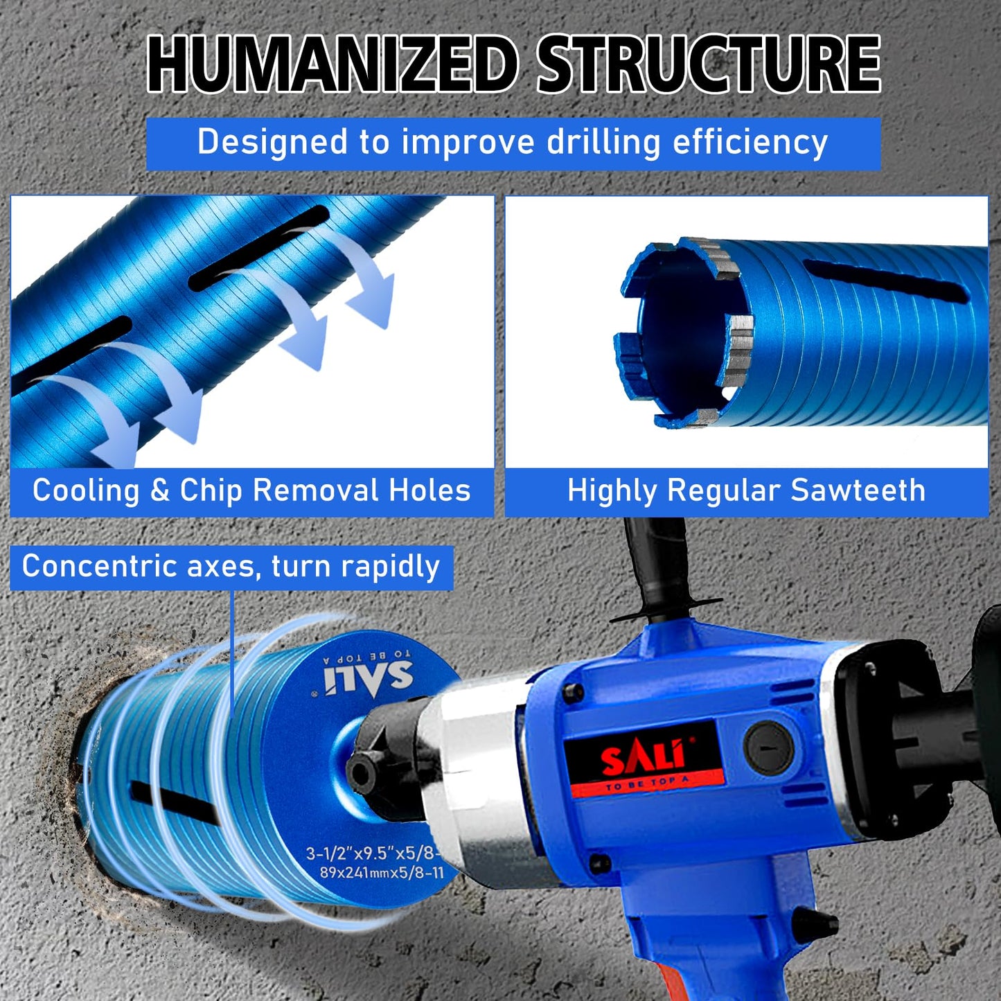 SALI Diamond Core Drill Bits 3 1/2" Diameter 10"/254mm Drilling Depth 5/8-11" Thread Core Bit Turbo Laser-Welded Segments for Cured Concrete with Brick, Block, Masonry, with Two Adapters