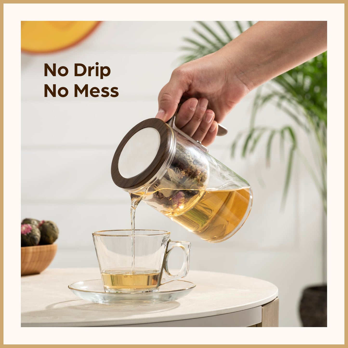 WOLTBLOOM Enchanti Glass Teapot with Infuser - Magic Tea Pot for Loose Leaf Tea - Borosilicate Glass Tea Maker with Heat-Resistant Handle - Gift Box & Writable Card - 800ML (27oz)