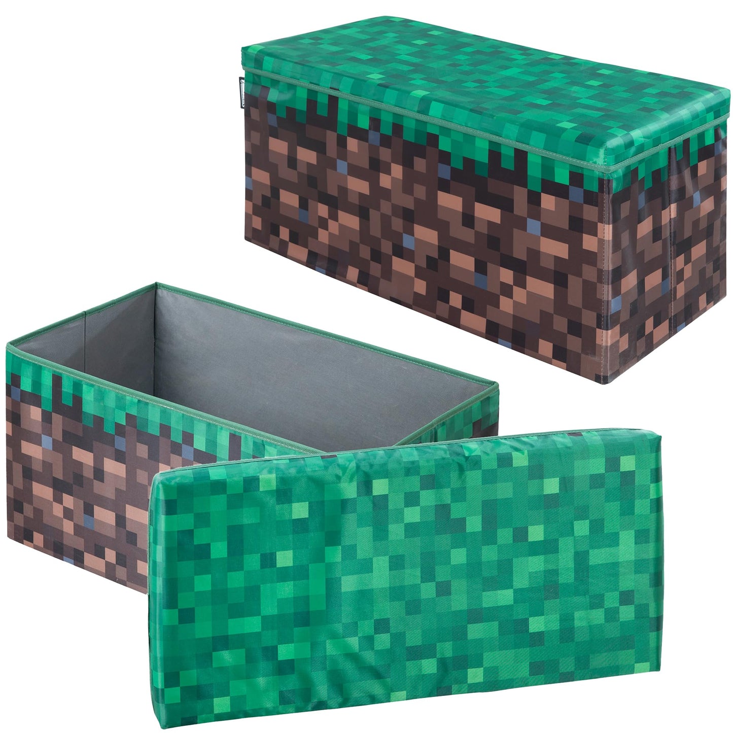 Minecraft: Bench Storage Box - Large - Pixel Grass Block, Collapsible Toy Storage w/Lid, Footrest, 11.8 x 23.6 x 11.8, Game Theme Decor, Licensed