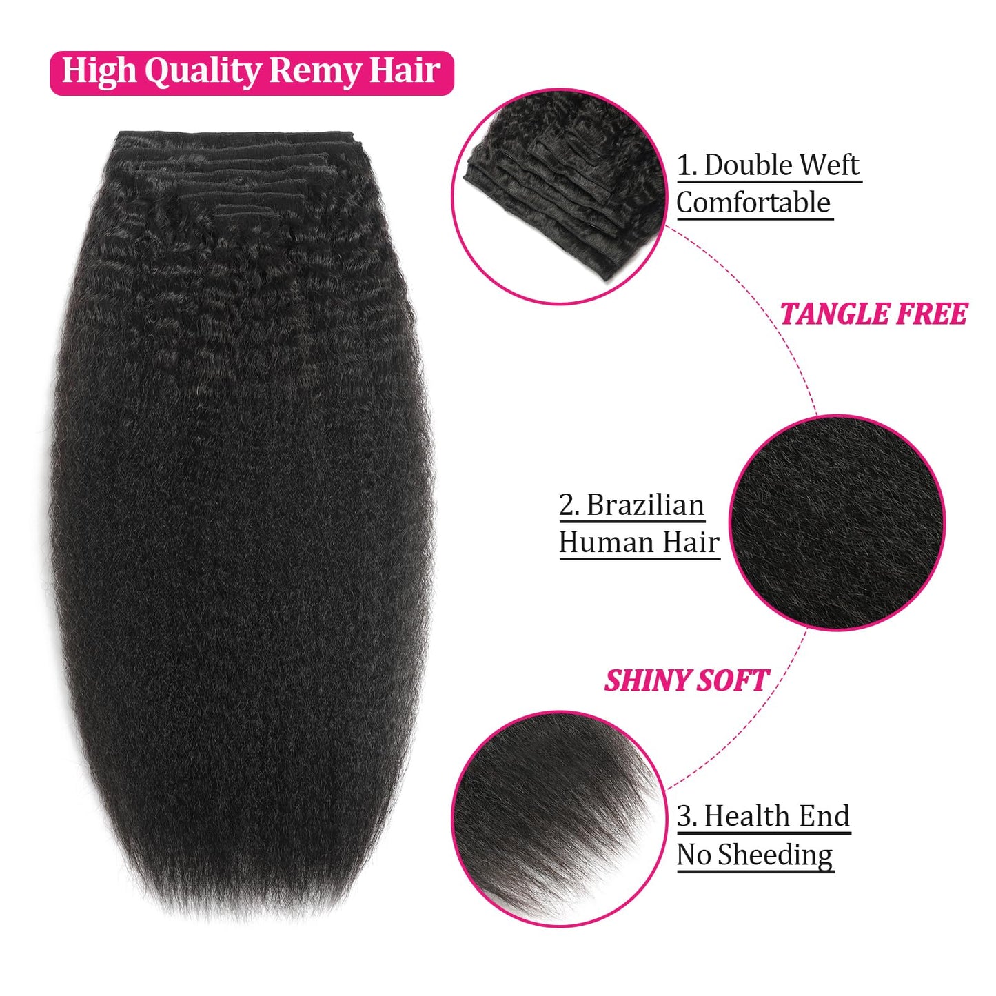 Kinky Straight Clip in Hair Extensions Real Human Hair 8Pcs 120g Kinky Clip Ins Full Head Brazilian Remy Hair Extensions for Women Natural Black Double Weft Hair Extensions Clip Ins 20 Inch
