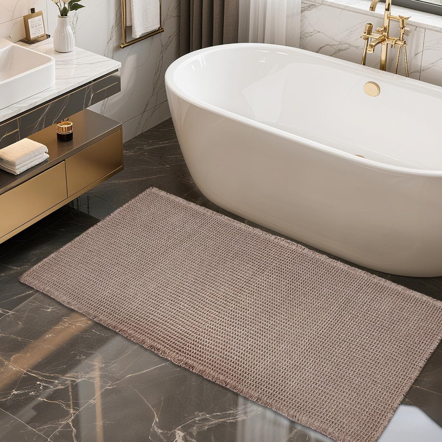 ZALL Tan Waffle Bath Mat,Super Absorbent Non Slip Bathroom Rug,Brown 24x48inch,Machine Washable Ultra Soft Floor Mats