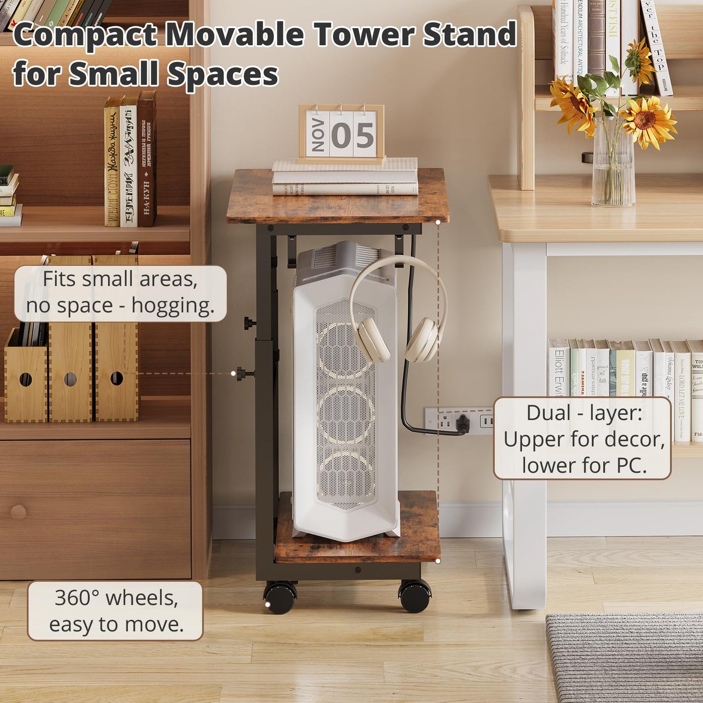 HavenlyYouth 2-Tier Computer Tower Stand with Power Outlet, Height Adjustable PC Tower Stand with Wheels, ATX-Case CPU Holder Cart with Hooks for Home, Office, Gaming (Brown)