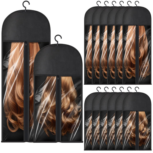 Wowangce 14 Pcs Extra Long Hair Extension Wig Storage, Wig Bag Storage with Hanger, Two Size Wig Storage for Multiple Wigs, Dust Proof Wig Hanger for Store Hair Extensions,wigs Accessories, Black