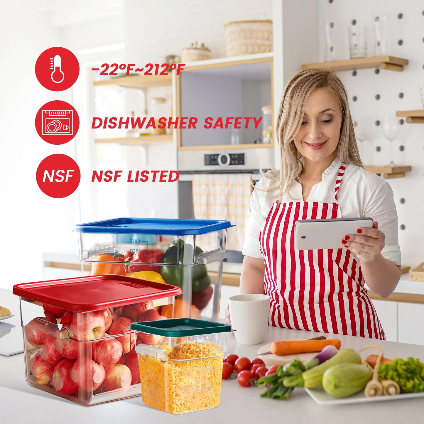 BIEAMA 4 Pack Food Storage Containers, 8 Quart with Lids, Square Commercial Containers with Scale, NSF, Polycarbonate, Clear
