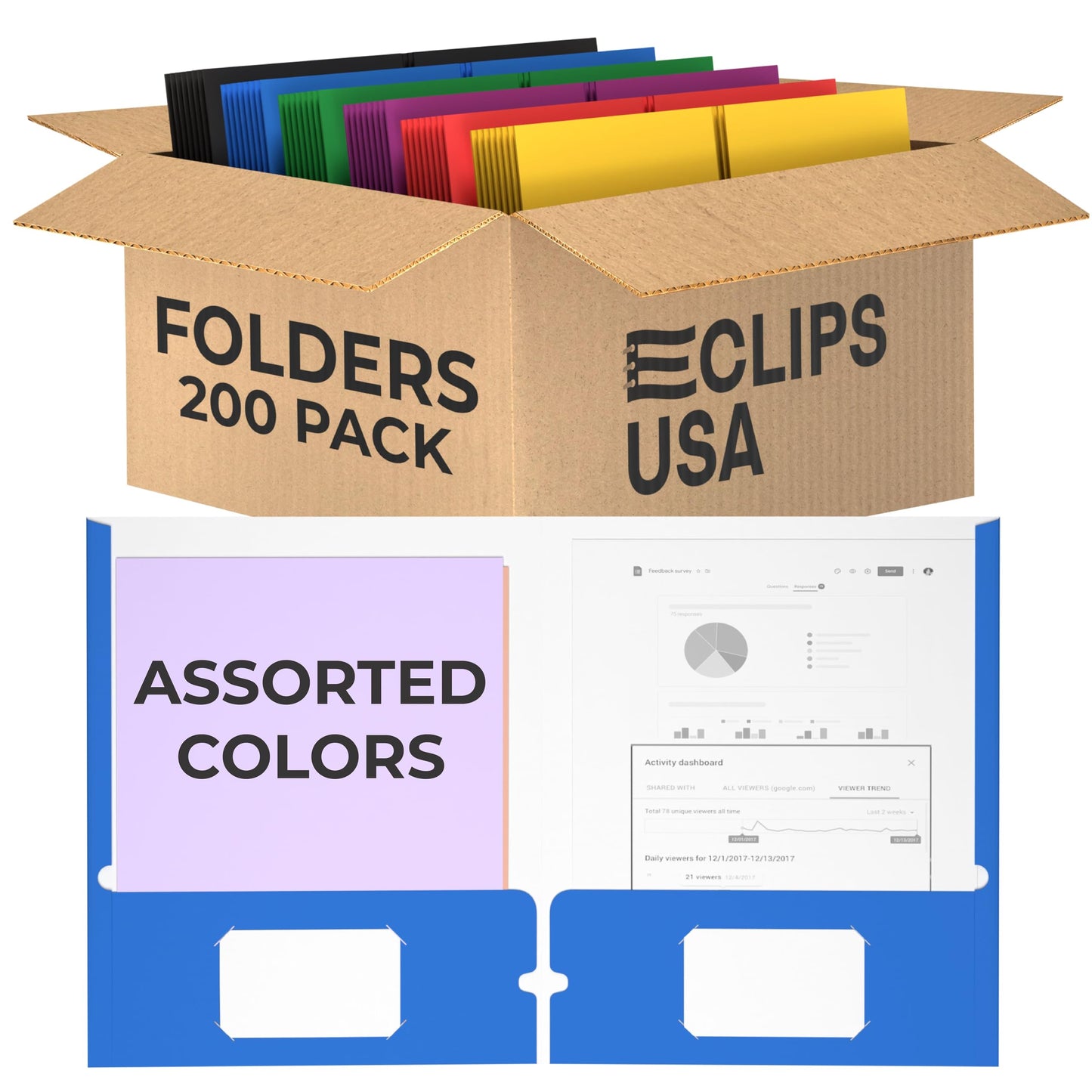 Folders with Pockets 2 Pocket Folders Bulk Holds 100 Sheets (50 Sheets Per Pocket) Assorted Colors Office School (200 Pack)