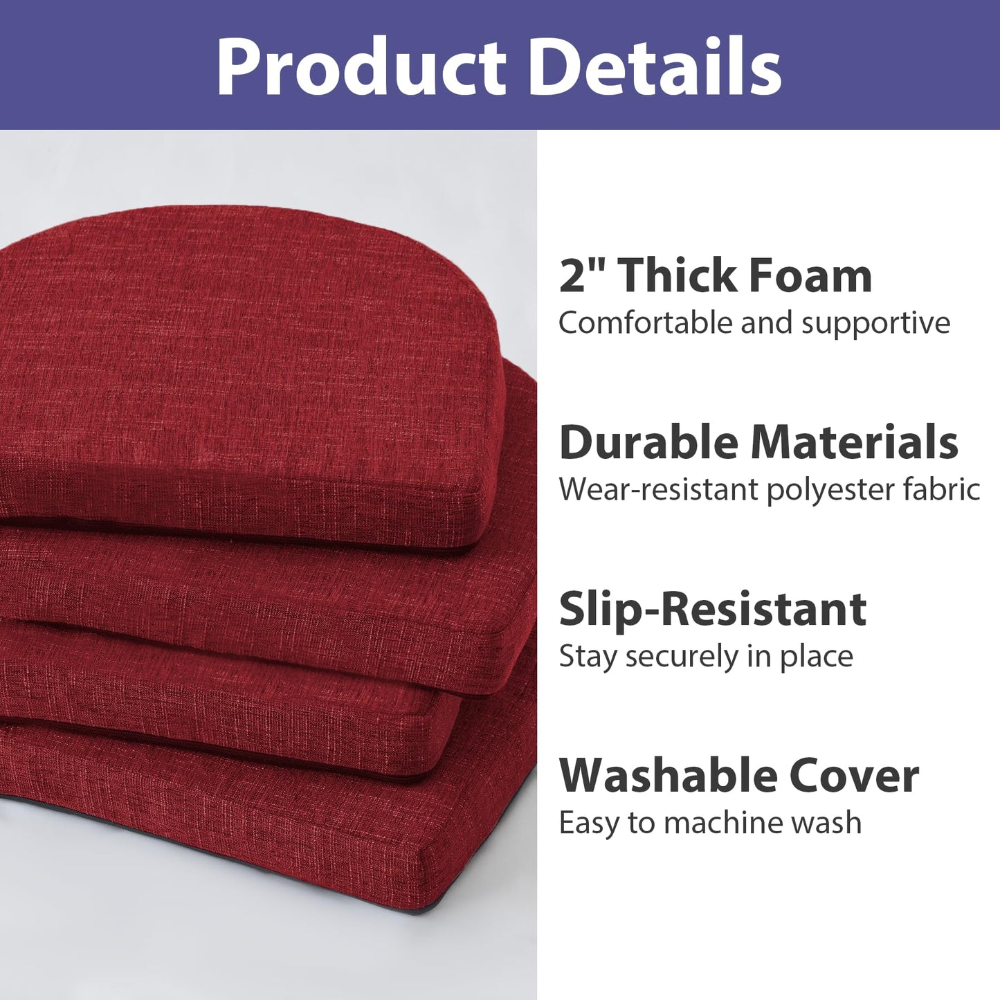 IPYNBAP Chair Cushions for Dining Chairs with Ties and Removable Cover, Dining Kitchen Chair Pads with Non-Slip Bottom, High-Resilience Indoor Seat Cushions, 16'' x 16'' x 2'', Set of 4, Red