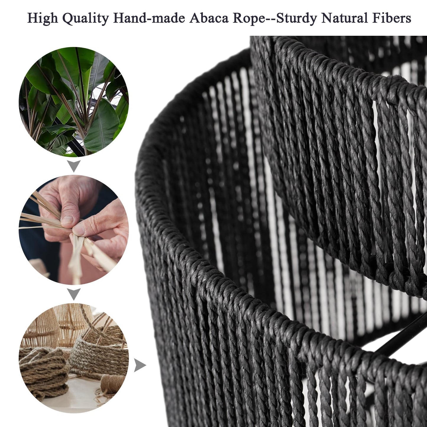 Rosient 16 Inch Large Natural Simple Hand Weaved Rattan Pendant Lamp, Coastal Beach Black Rope Hanging Pendant Light Fixture for Dining Room Living Room Bedroom Kitchen Foyer