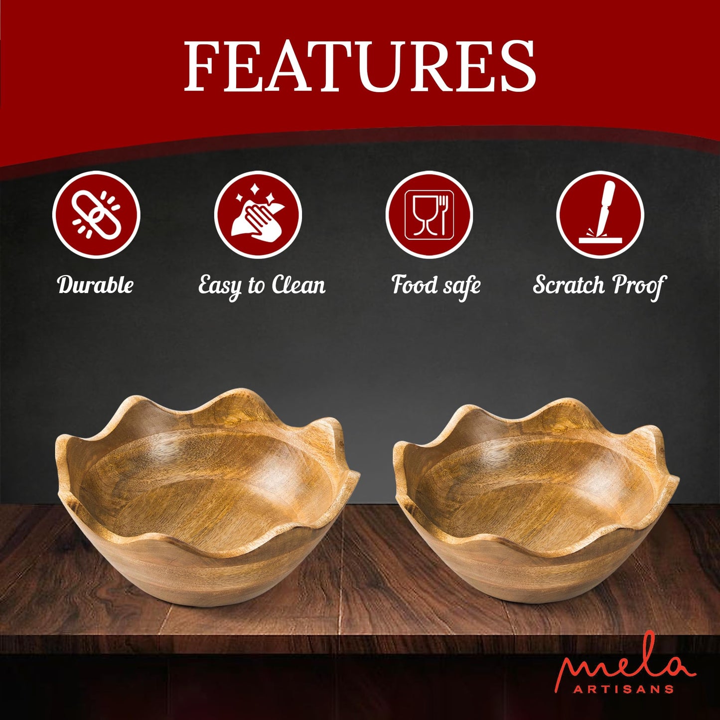 Mela Artisans Scalloped Decorative Wooden Bowls Set of 2 |12 Inch &10 Inch Mango Wood Fruit | Serving Bowls | Natural Grain Texture | Kitchen Counter | Snacks | Desserts | Bread | Handcrafted Decor