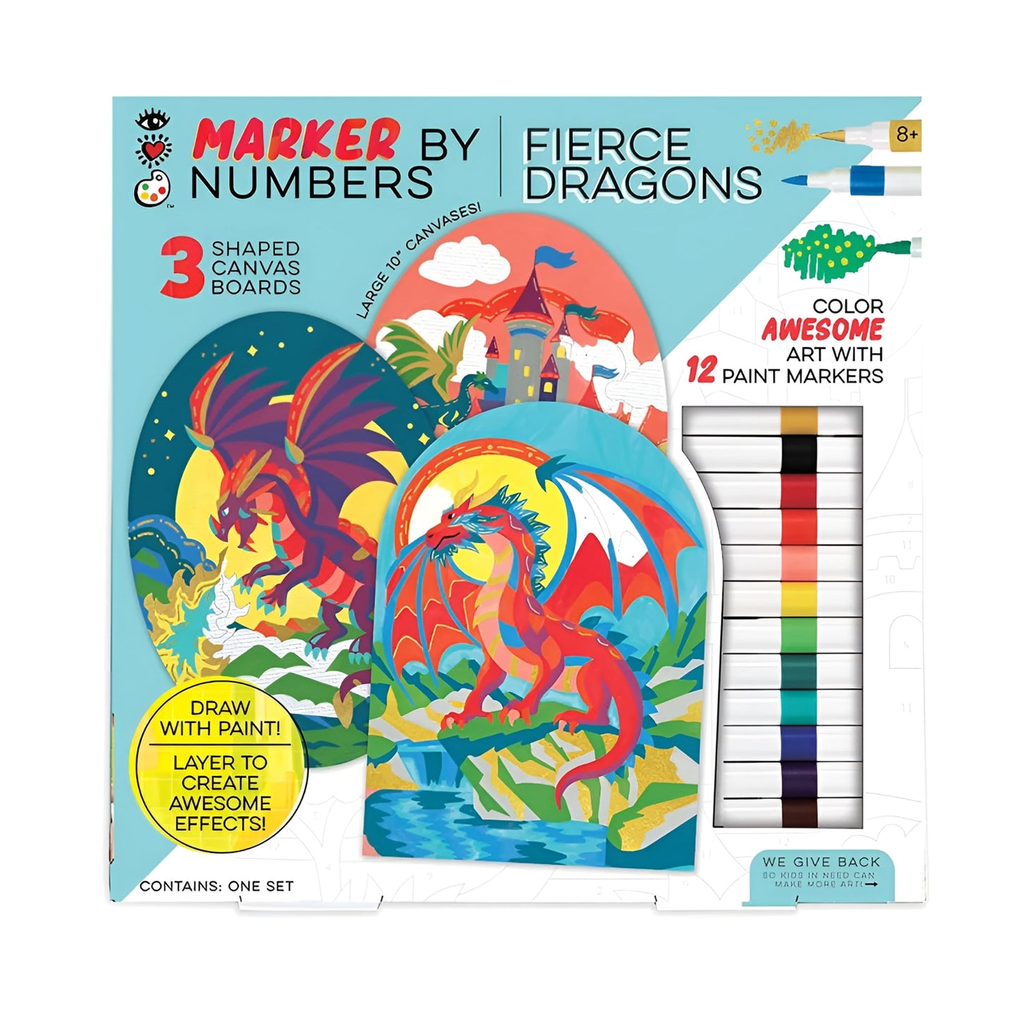 Bright Stripes Marker by Numbers Paint Kit for Kids Ages 8+ | Fierce Dragons Acrylic Paint Marker Set | Includes 3 Shaped Canvas Boards, Gold Marker & Easel Stands