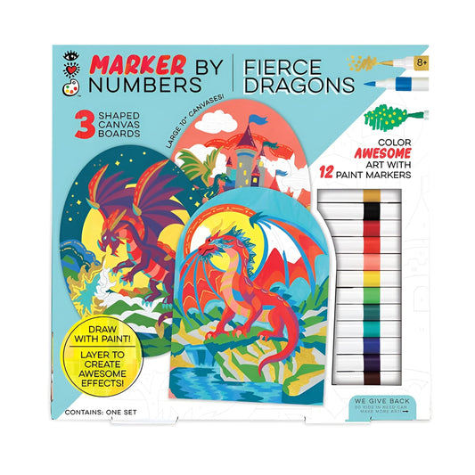 Bright Stripes Marker by Numbers Paint Kit for Kids Ages 8+ | Fierce Dragons Acrylic Paint Marker Set | Includes 3 Shaped Canvas Boards, Gold Marker & Easel Stands