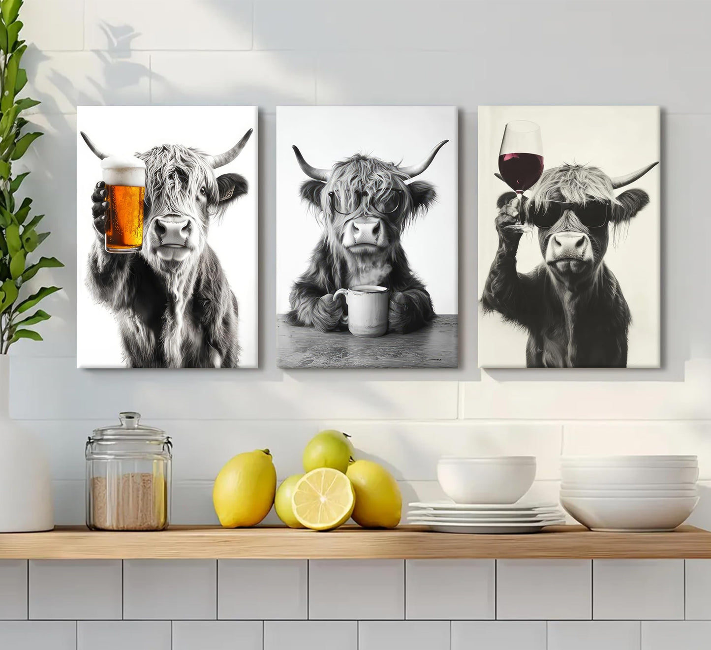 KKP Funny Highland Cow Wall Art Set of 3 - Canvas Prints Farmhouse Rustic Kitchen, Bar Cart & Dining Room Decor - Animal Lovers Home Decoration, Ready to Hang Gallery Wall Art