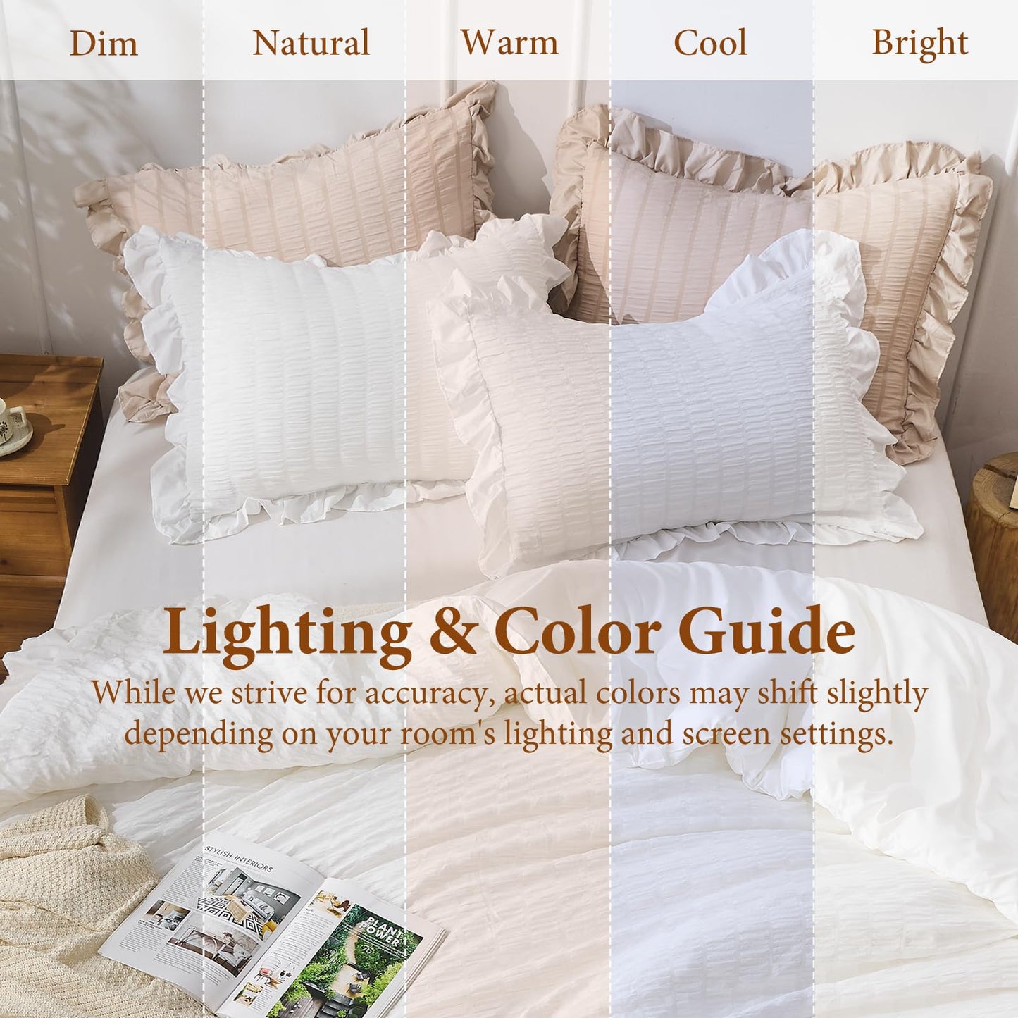 JOLLYVOGUE White Comforter Full Size, 3 Pieces Seersucker Lightweight Full Size Bedding, All Season Fluffy Microfiber Bedding Comforter Set with 1 Ruffle Comforter and 2 Ruffle Pillowshams