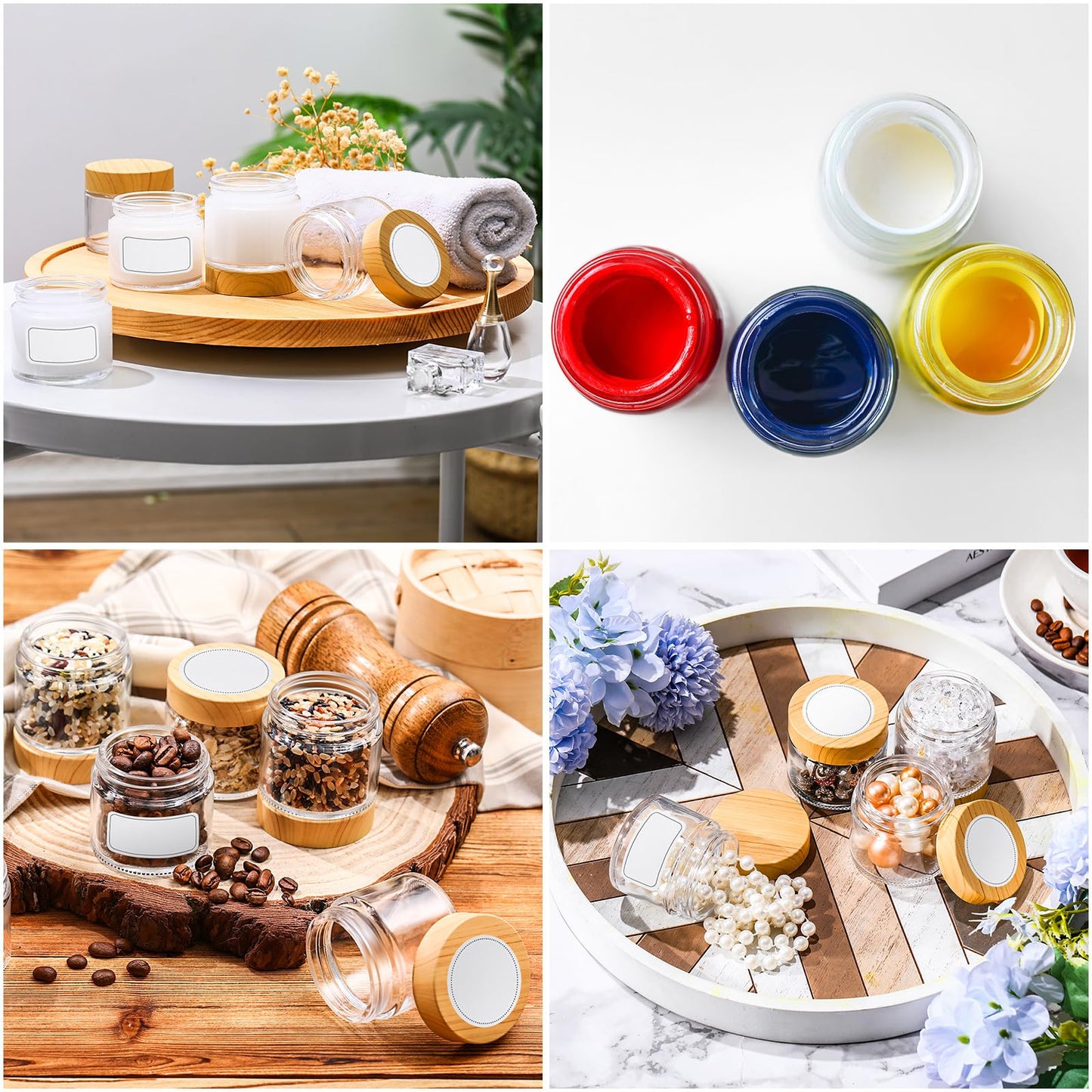 Layhit 24 Pcs Glass Jars with Lids Clear Small Jars with Woodgrain Lids, White Labels and Inner Liners Empty Round Cosmetic Containers for Creams Lotions Powder Ointments Candle Making(2 oz)