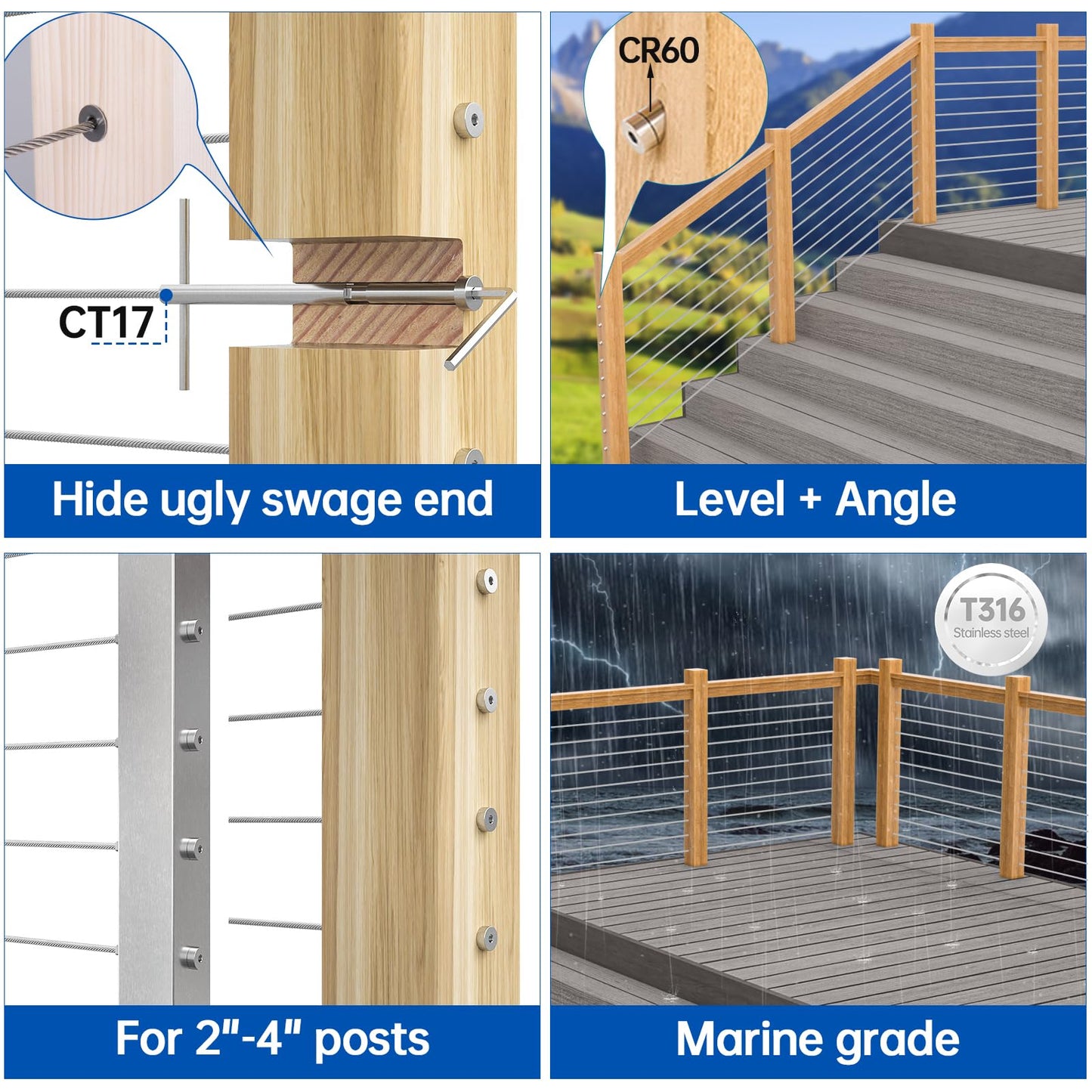 [Patent] Muzata 40 Pack 3/16" Invisible Cable Railing Kit Hardware Invisible Receiver Swage Stud End for 2"x2" 4"x4" Wood Metal Post T316 Stainless Steel Deck Cable Railing System 20 Pair CR27