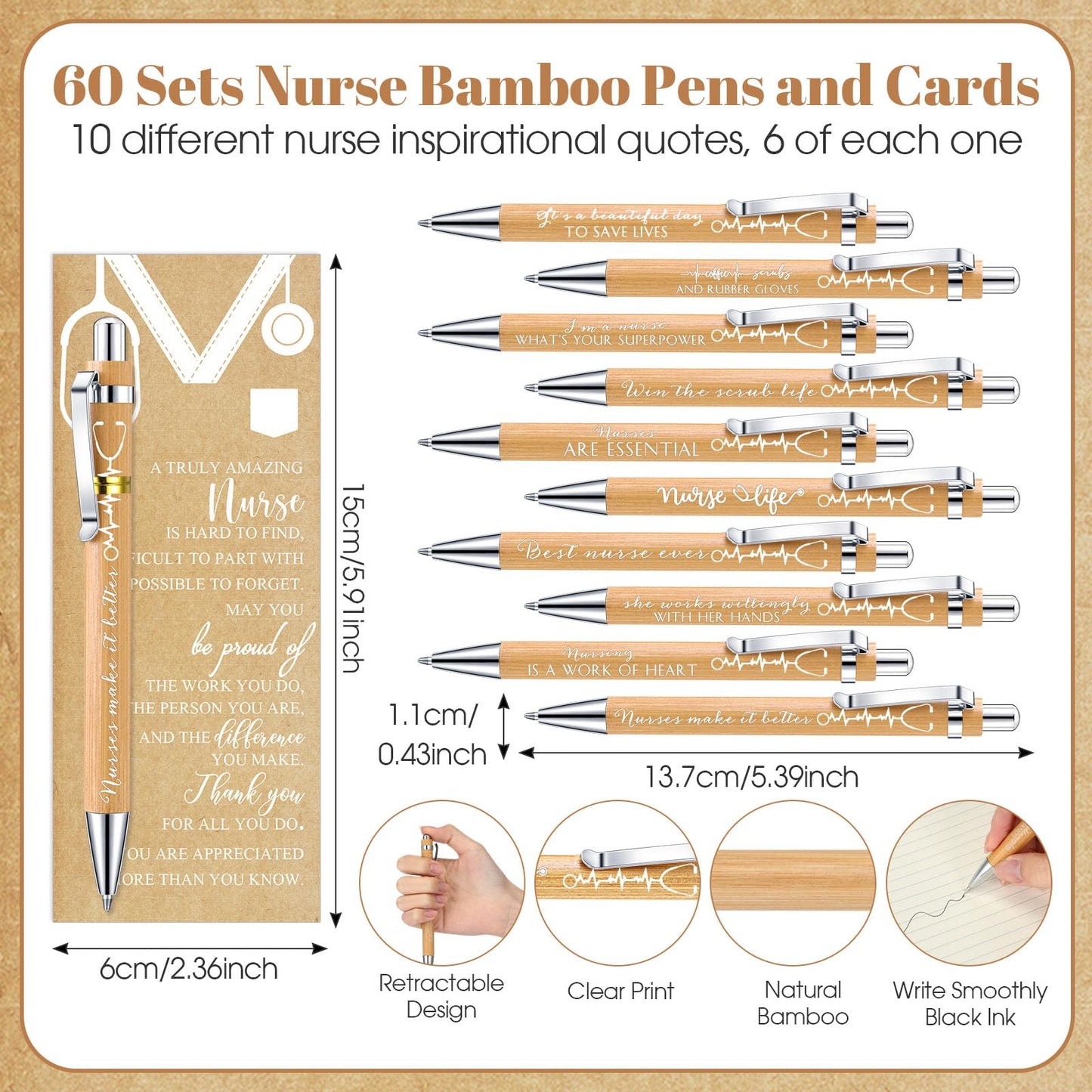 Jetec 60 Sets CNA Week Gifts Nurse Graduation Appreciation Gifts Bulk for Nursing Students Coworkers Employees Doctor Team Staff Office Include Bamboo Pen Card Keychain
