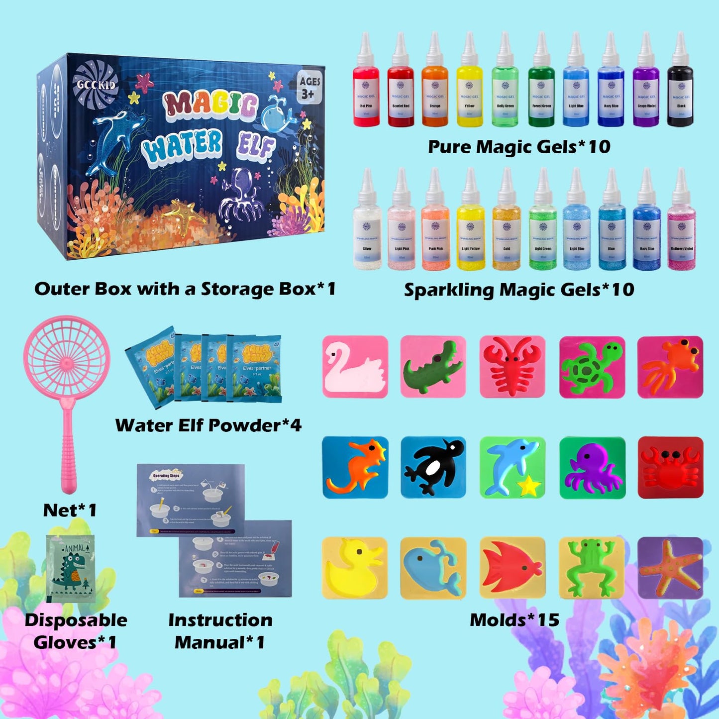 gookid Magic Water Elf Toy Kit - Fun DIY Craft for Kids with 20 Bottles of Magic Gel, 15 Molds, DIY STEM Toys, Fun Activity Kit for Ages 3+, Toys for Kids Age 7-8, DIY Craft Kit