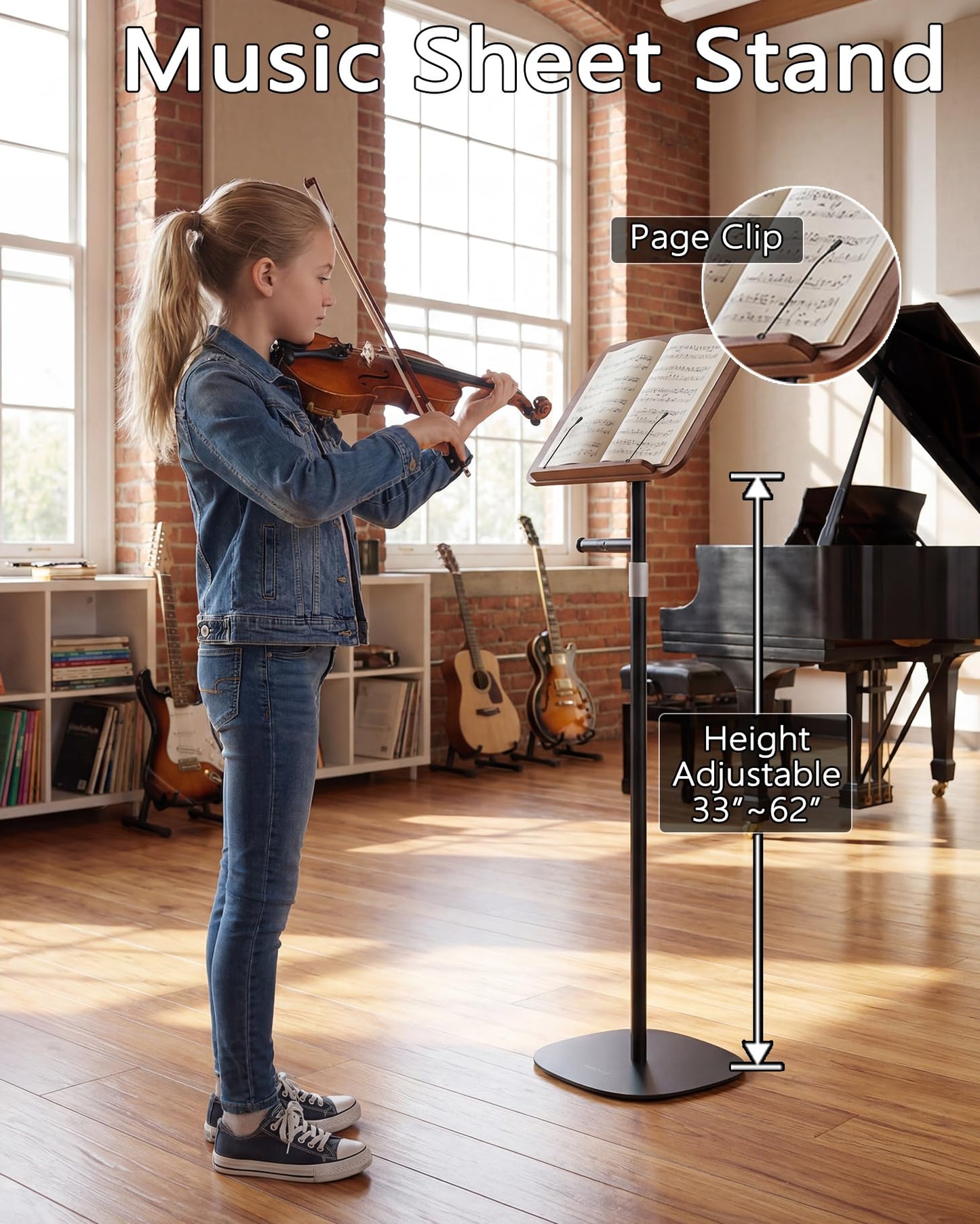 boostool Laptop Stand Floor, Wood Music Stand, Tablet Floor Stands Adjustable Height, Tall Book Stand Hands Free, for Projector, Office, Study, Brown
