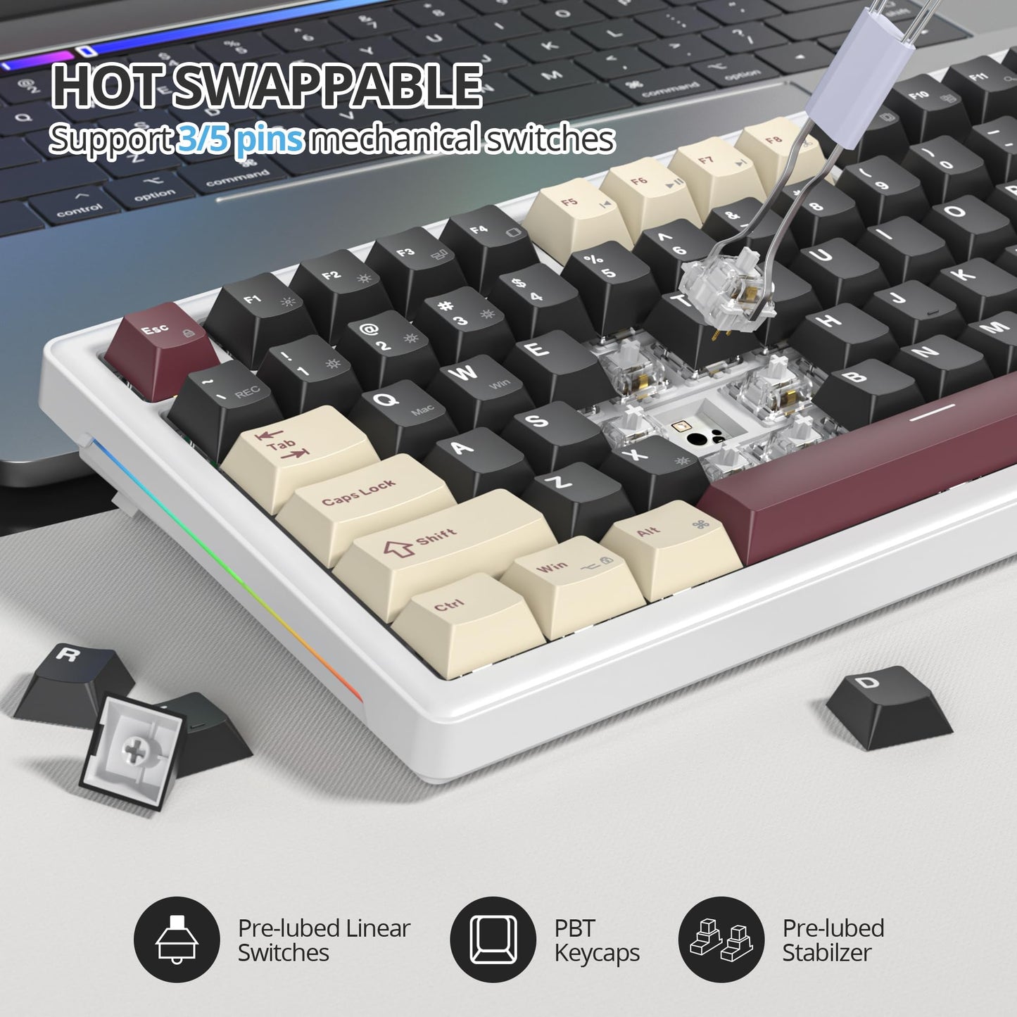 SbocKeeb 75% Mechanical Keyboard Gasket with Knob, Custom Wired Creamy Gaming Keyboard TKL 75 Percent Hot Swappable RGB Backlit, Pre-lubed Switch for Win/MAC（Roma/White Switch）