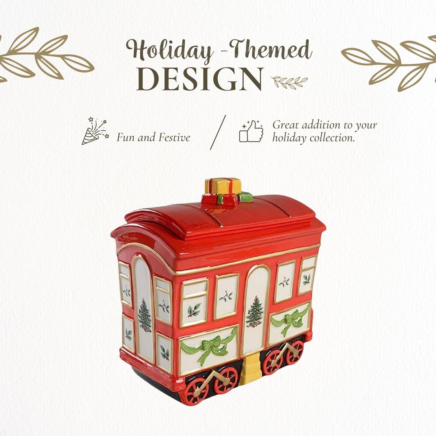 Spode Christmas Tree Cookie Jar with Lid, 8.5" Ceramic Holiday Train Car Dish for Cookies, Candy, Nuts - Festive Christmas Home Decor & Holiday Treats Jar - Great for Collectors