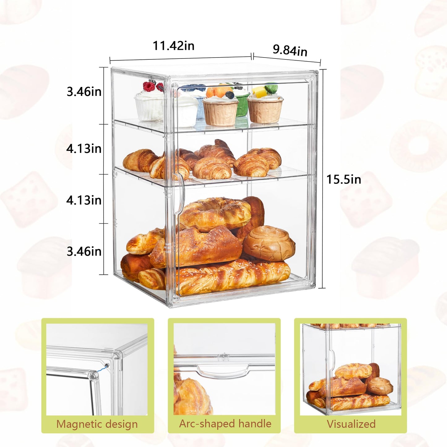 Pastry Display Case,Bread Box for Kitchen Countertop,4 Layers Adjustable Clear Bread Storage with Magnetic Door Bakery Pastry Display15.5x11.4x9.8inch，1 Pack