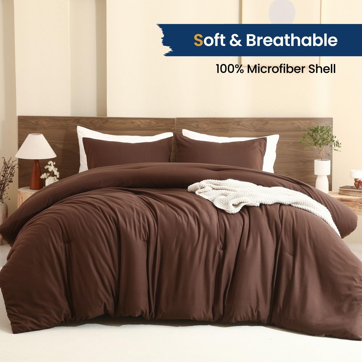 Paxrac Brown Oversized Queen Comforter Set 98x98In, 3 Pieces Comforter Set, Lightweight Solid Bedding Set, All Seasons Soft Fluffy Bed Set (1 Comforter & 2 Pillowcases)