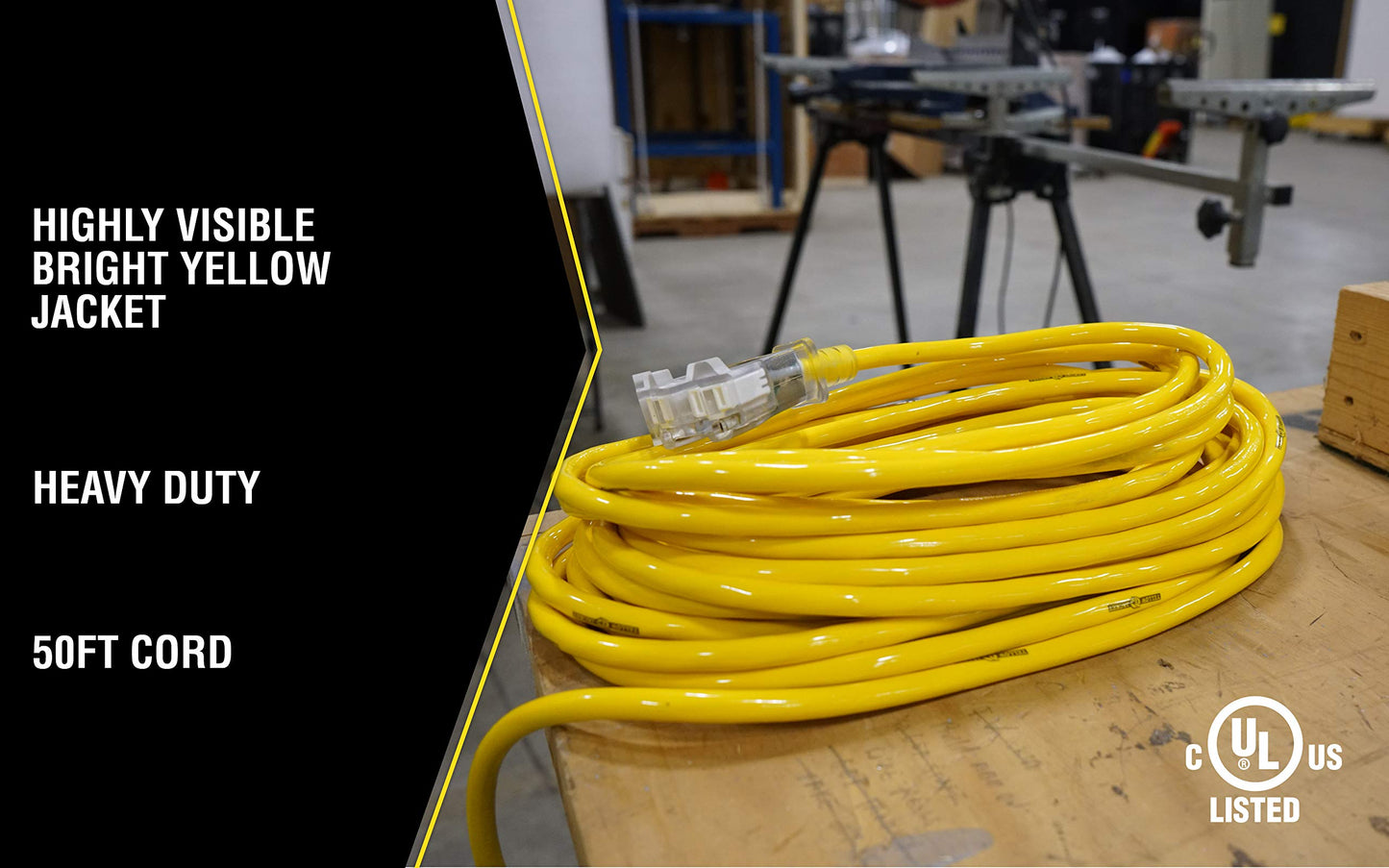 Southwire Outdoor Extension Cord - Power Light Indicator Cable for Heavy Duty Tools - SJTW - 12 Gauge - Water Resistant - High Visibility - Yellow - 50 Foot