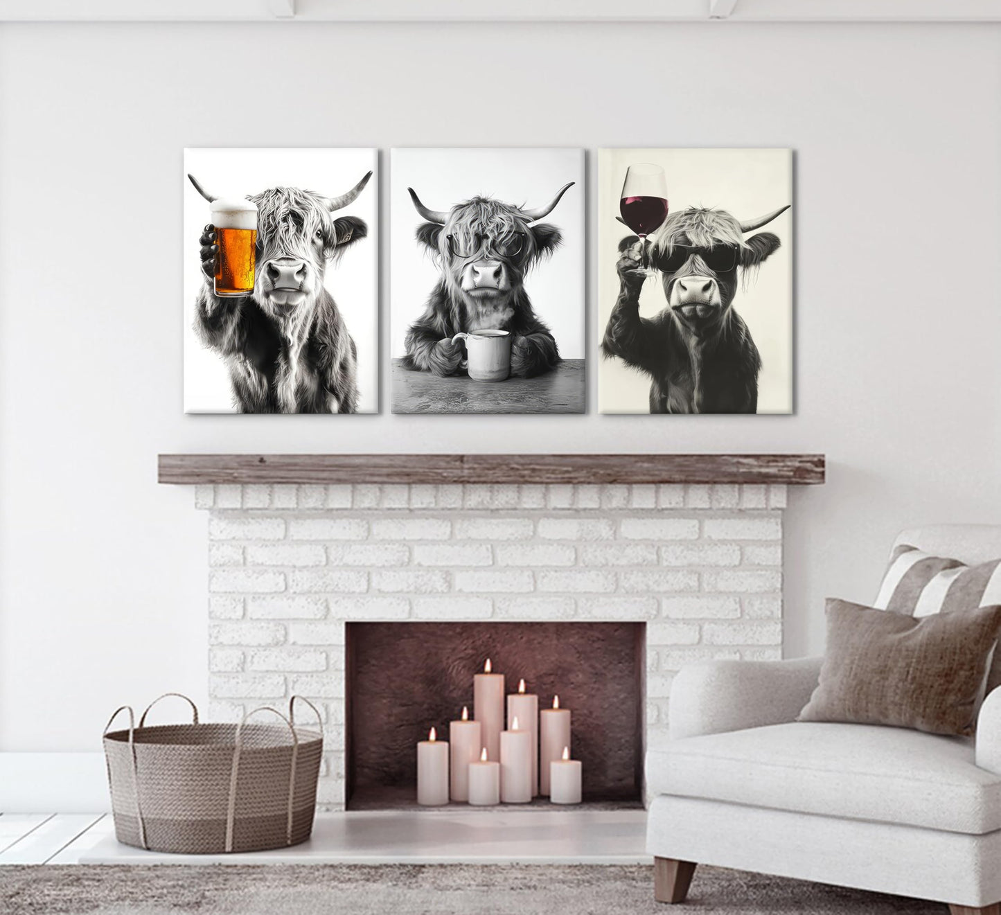 KKP Funny Highland Cow Wall Art Set of 3 - Canvas Prints Farmhouse Rustic Kitchen, Bar Cart & Dining Room Decor - Animal Lovers Home Decoration, Ready to Hang Gallery Wall Art