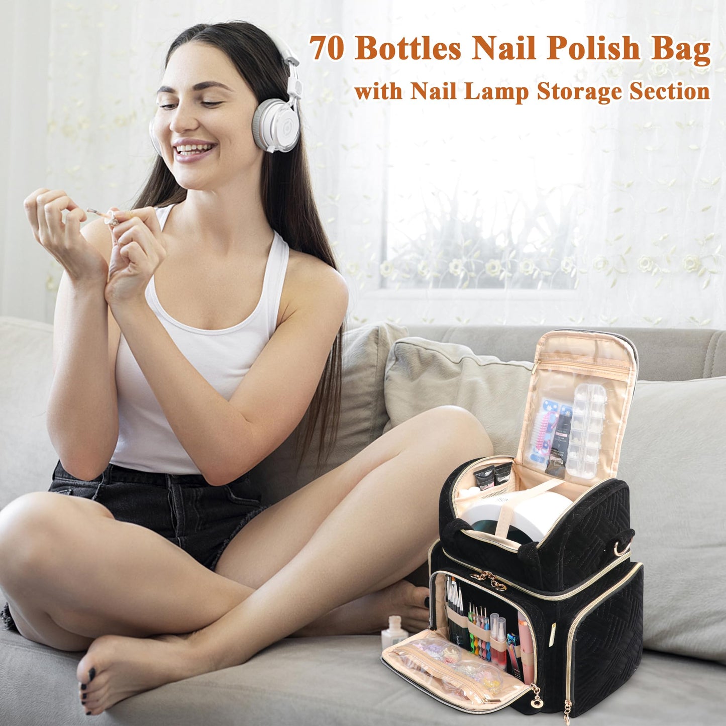 ahzske Nail Polish Organizer Bag Holds 70 Bottles& Nail Lamp, Velvet Nail Kit Storage Carrying Case with 2 Removable Pouches, Portable Nail Supplies Shoulder Bag for Manicure Tools (Elegant Black)