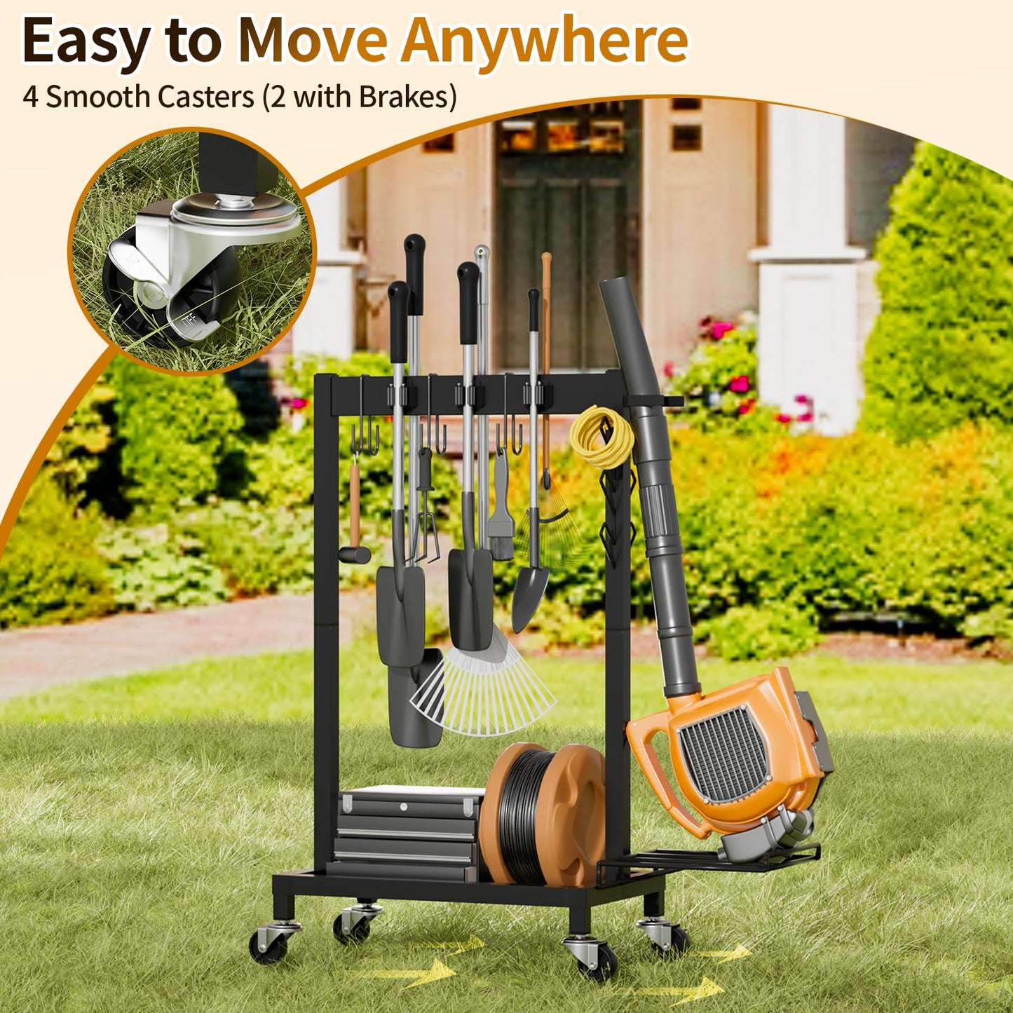 Broom Holder with Cleaning Supplies Organizer Load 160 LBS Cleaning Cart with Wheels Broom Closet Storage with 6 Mop Hanger Grippers, 3 Double-Hooks, Vacuum Stand for Laundry Garage Organization