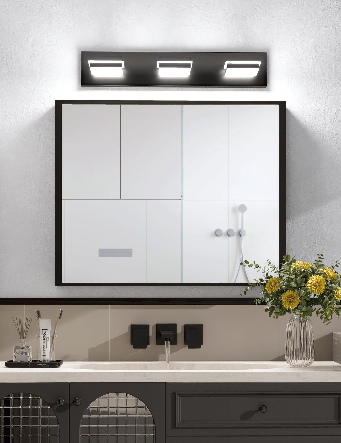 VOLISUN Modern Bathroom Vanity Light Fixtures (3-Light, 24-Inch), Matte Black LED Bathroom Lighting Fixtures Over Mirror, 360°Rotatable Head, LED Vanity Lights for Bathroom (Cool White 6000K)