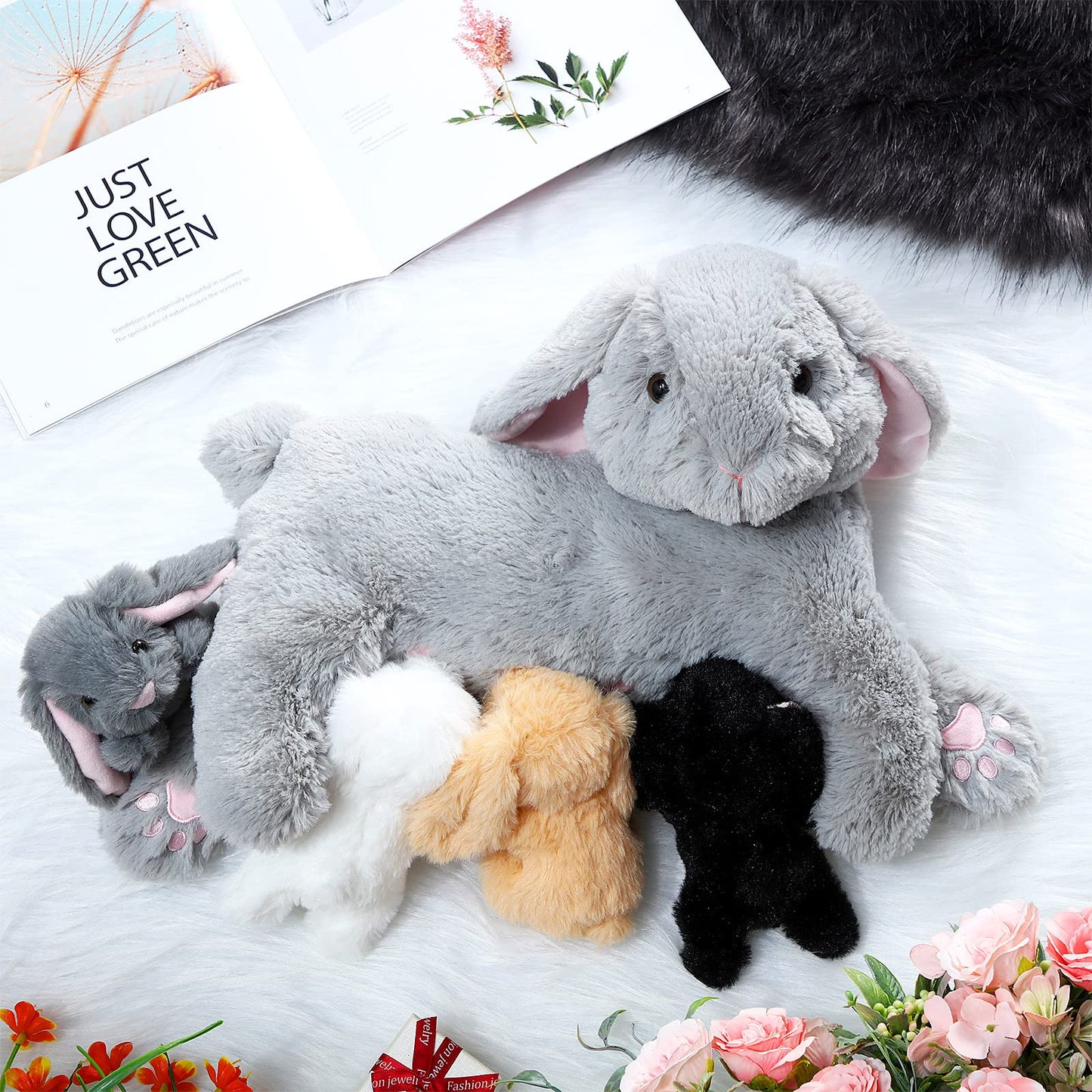 HyDren Nursing Bunny Stuffed Animal Plush Toys 15 Inch Plush Bunny Mommy with 4 Stuffed Magnetic Baby Rabbit Plushies for Kids Birthday Graduation Children's Day Gifts Baby Shower Easter Party Favors