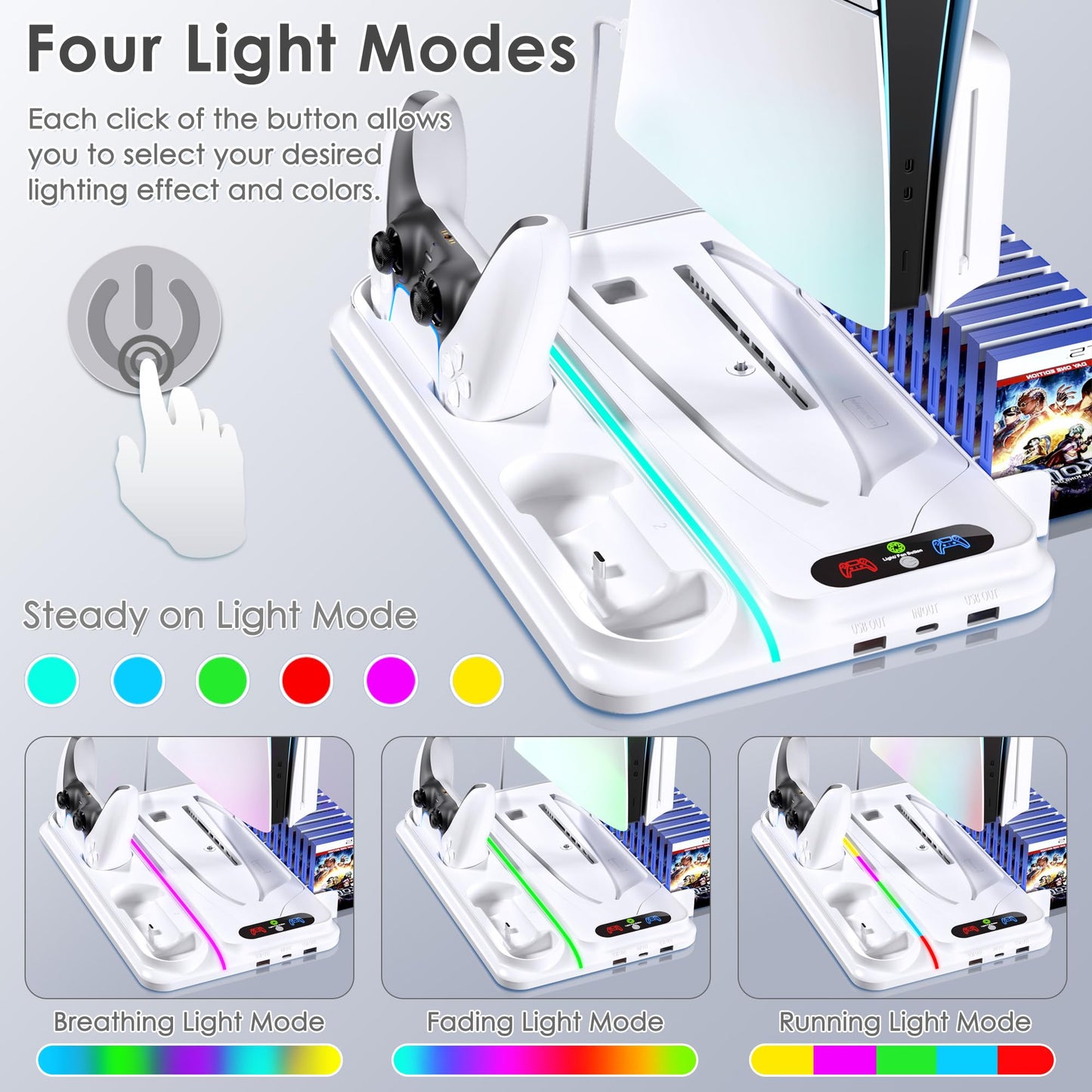 PS5 Cooling Station for PS5/PS5 Slim Disc Digital Console, PS5 Cooling Stand PS5 Slim Cooling Station, PS5 Stand PS5 Accessories with PS5 Controller Charger, 3 Level Fan, 12 Game Slots, RGB Lights