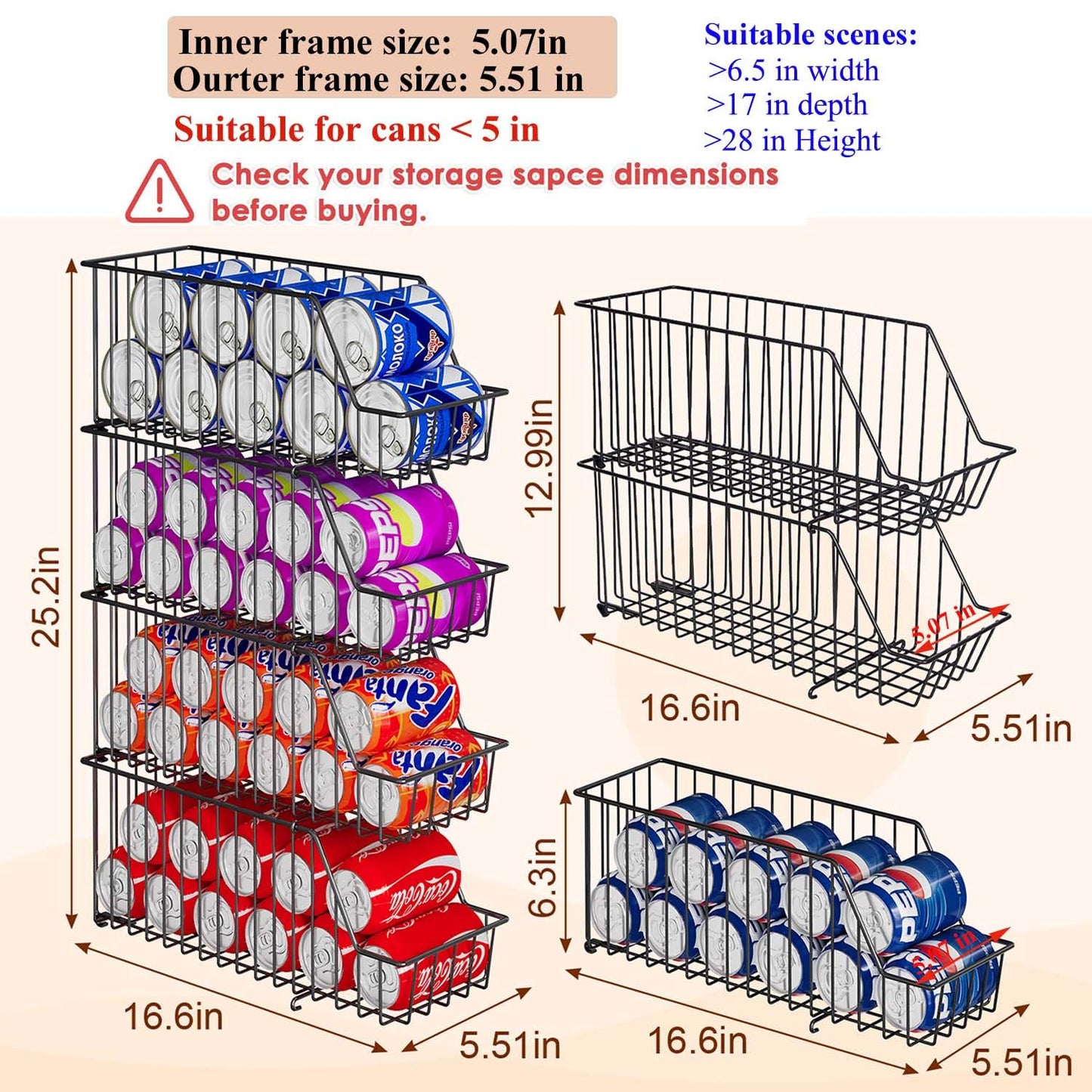 4-Tier Stackable Can Rack Organizer for Kitchen Pantry,Max Can Storage Holder,Durable Can Dispenser & Canned Goods Organizer for Fridge,Hold More 44 Cans, for Various Ounces of Canned Food Soda Drinks