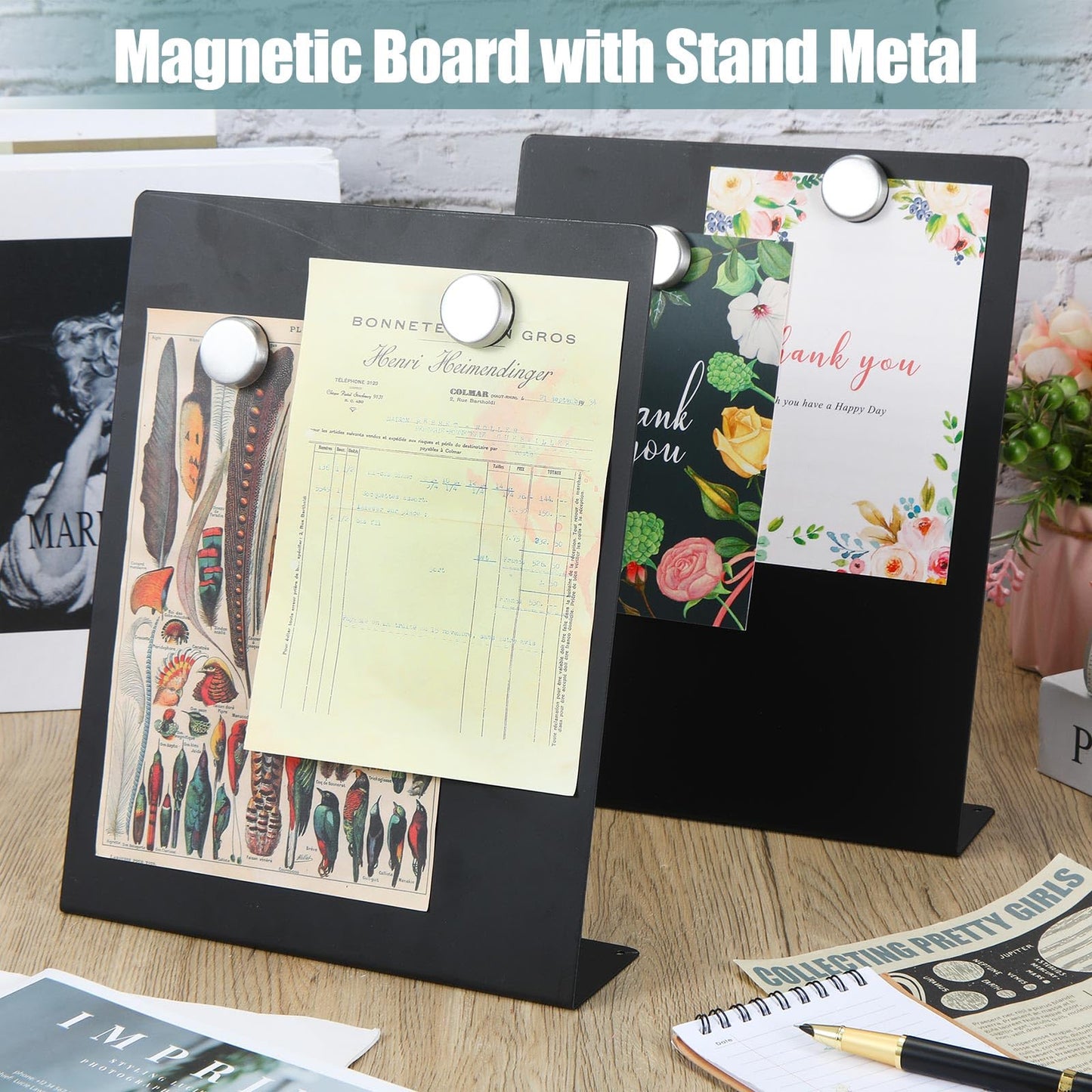 Fainne 4 Pcs Magnetic Bulletin Board with Easel Stand Mini Magnet Metal Tabletop Memo Display Board for Back to School Menu Table Office Supplies (Black,11 x 8.5 Inches)
