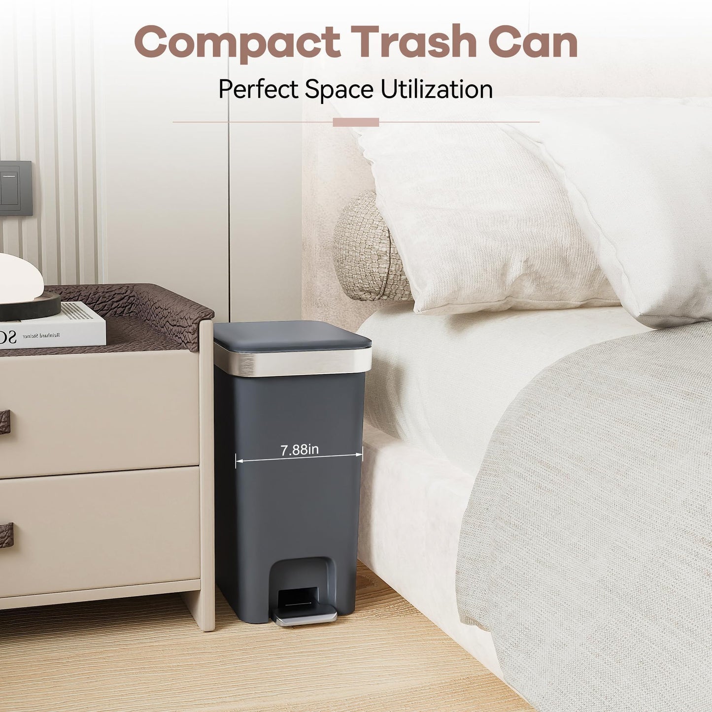 onlcuk 2Pack Small Bathroom Trash Can with Lid Soft Close, 10 Liter/2.6 Gallon Slim Garbage Can-Metal Step and Press top Lid, Mini Modern Waste Basket for Toilet, Office, Bedroom,Dorm,Dark Gray